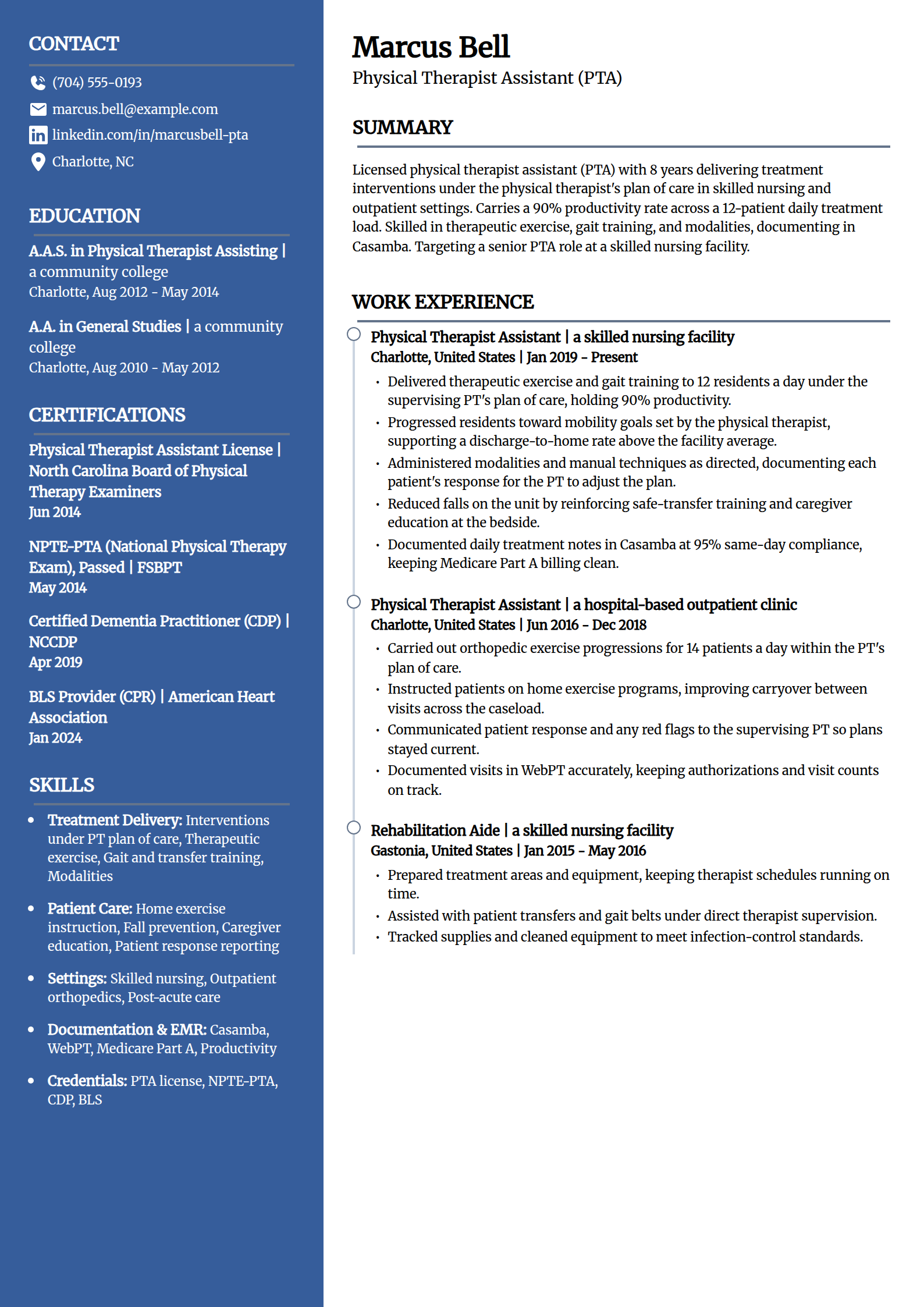 Experienced Physical Therapist Assistant resume example in the Creative template