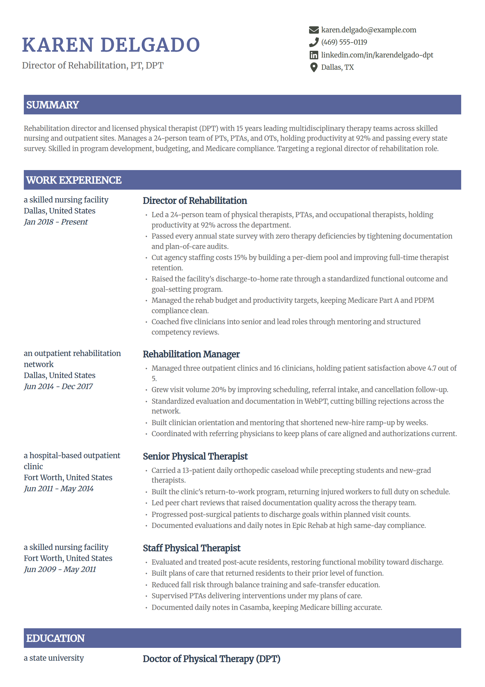 Rehabilitation Director resume example in the Catalyst template