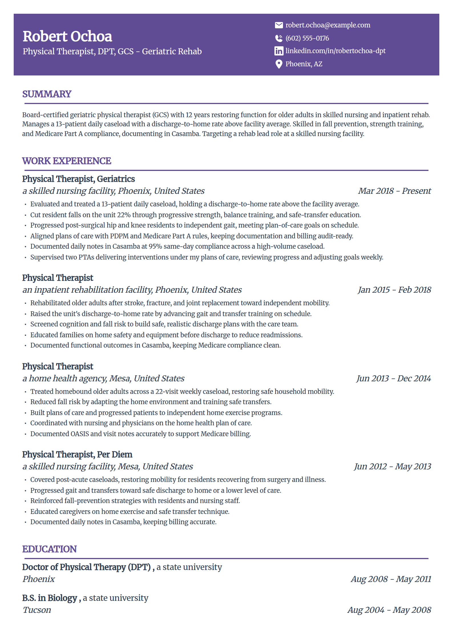 SNF Geriatric Physical Therapist resume example in the Panorama template