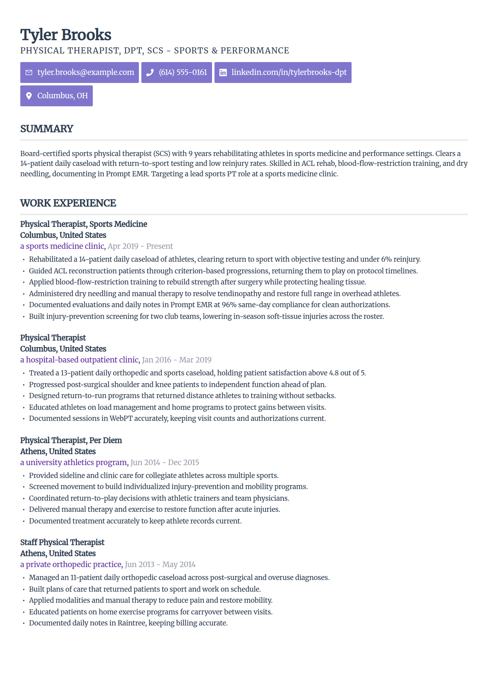 Sports and Performance Physical Therapist resume example in the Sleek Framework template