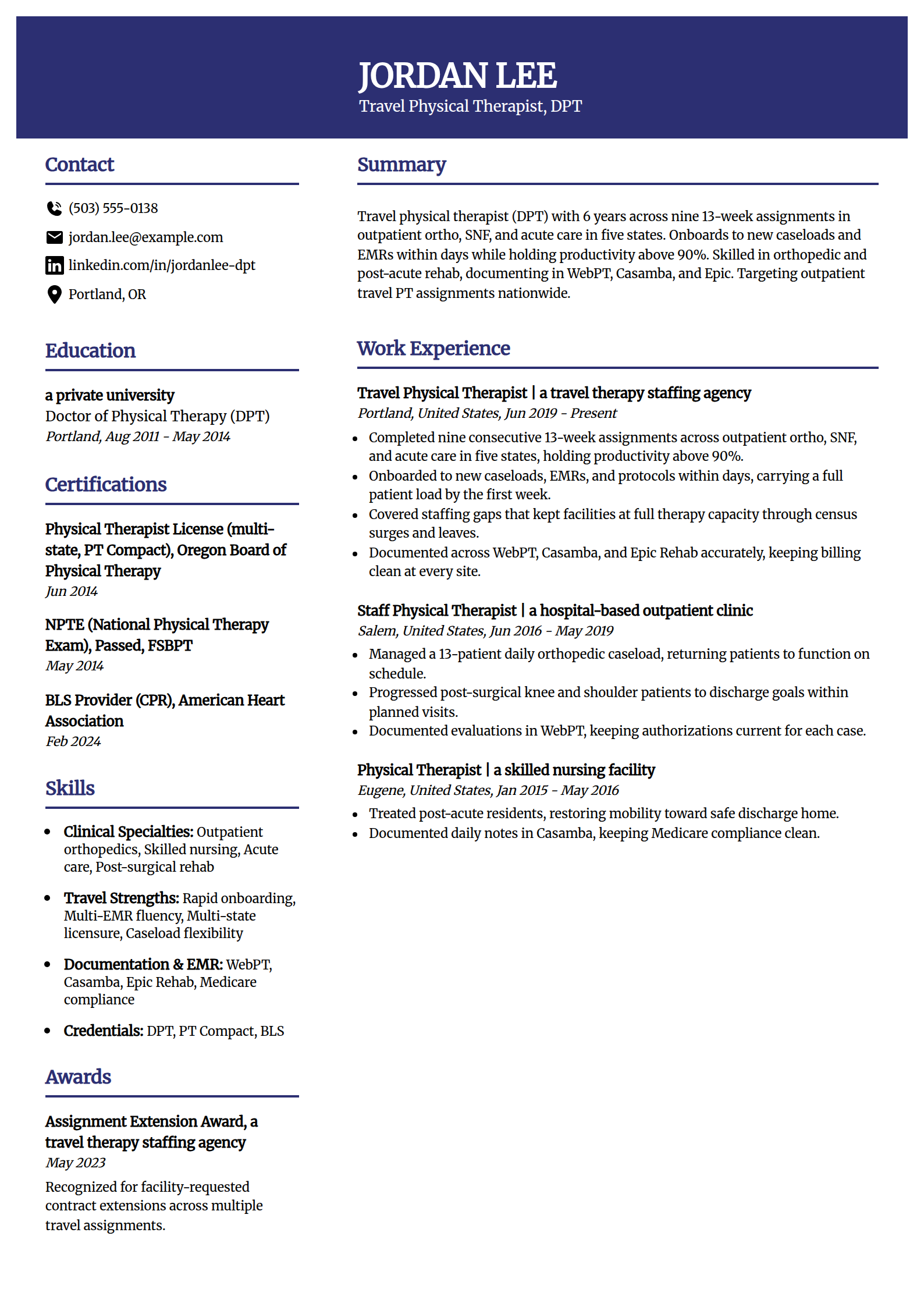 Travel Physical Therapist resume example in the Visionary template
