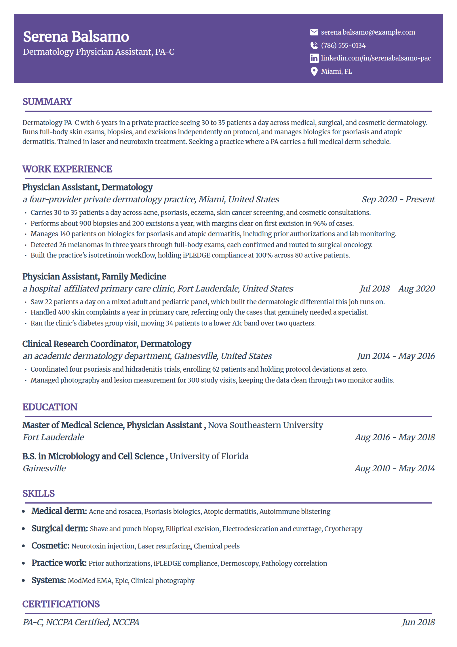 Dermatology physician assistant resume example in the Panorama template