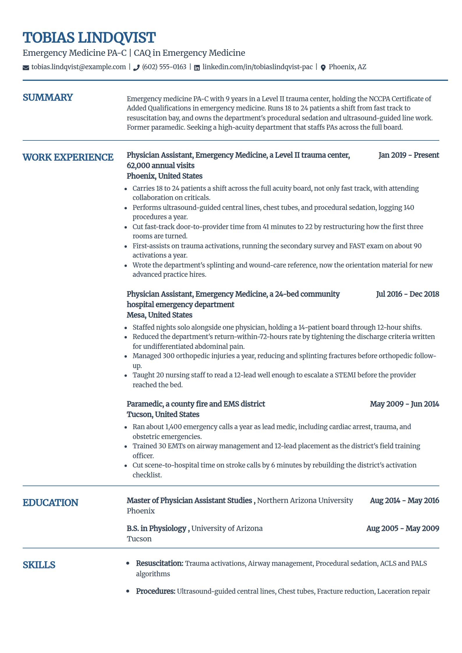Emergency medicine physician assistant resume example in the Craft template