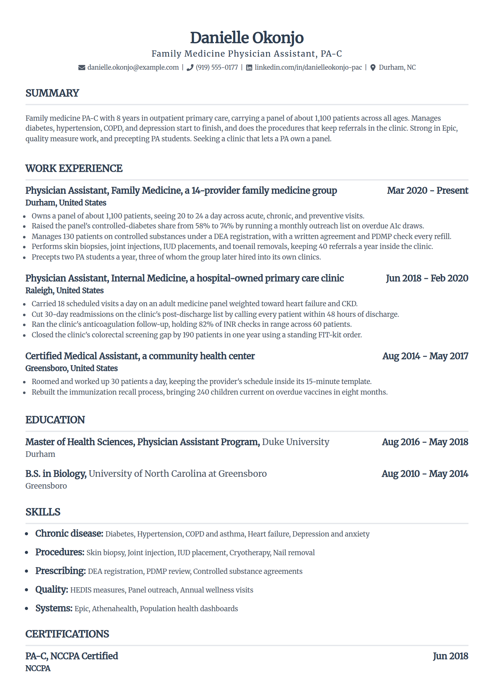 Family medicine physician assistant resume example in the Standard template