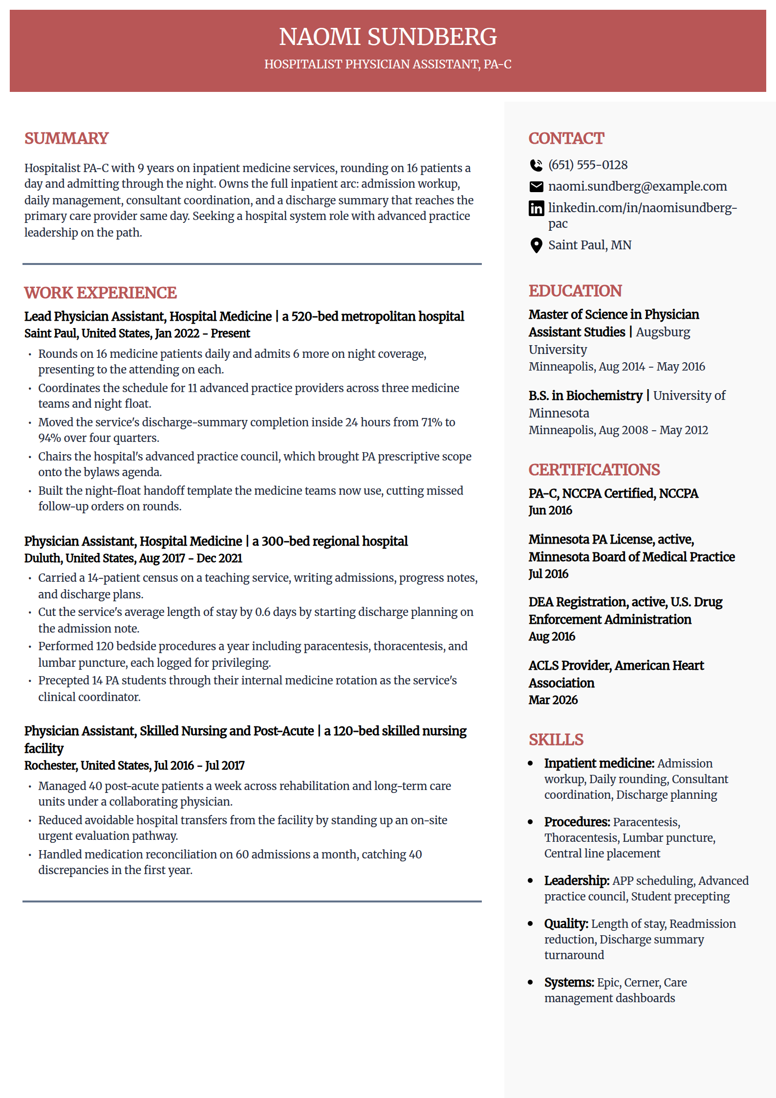 Hospitalist physician assistant resume example for a hospital system role, in the Executive template