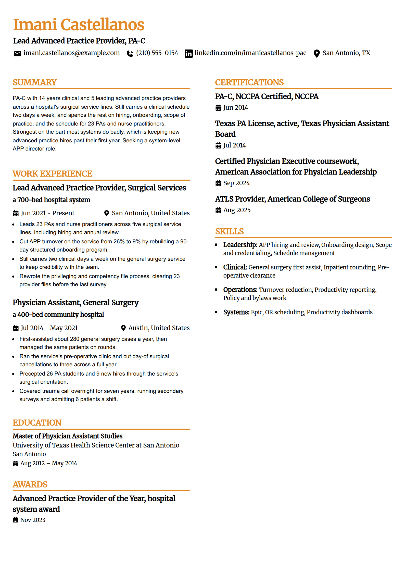 Lead advanced practice provider physician assistant resume example in the Professional Edge template