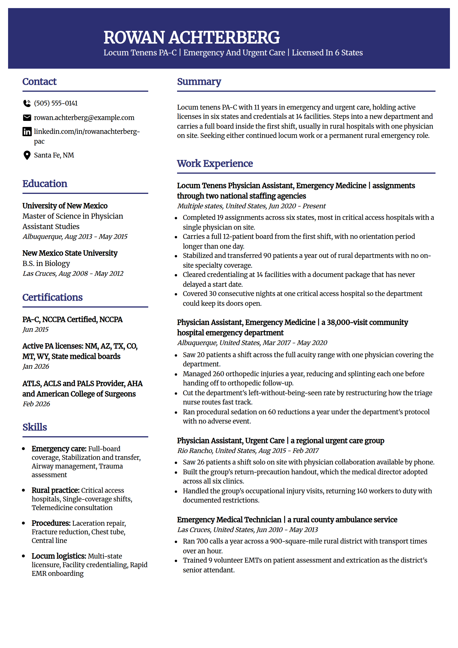 Locum tenens physician assistant resume example in the Visionary template