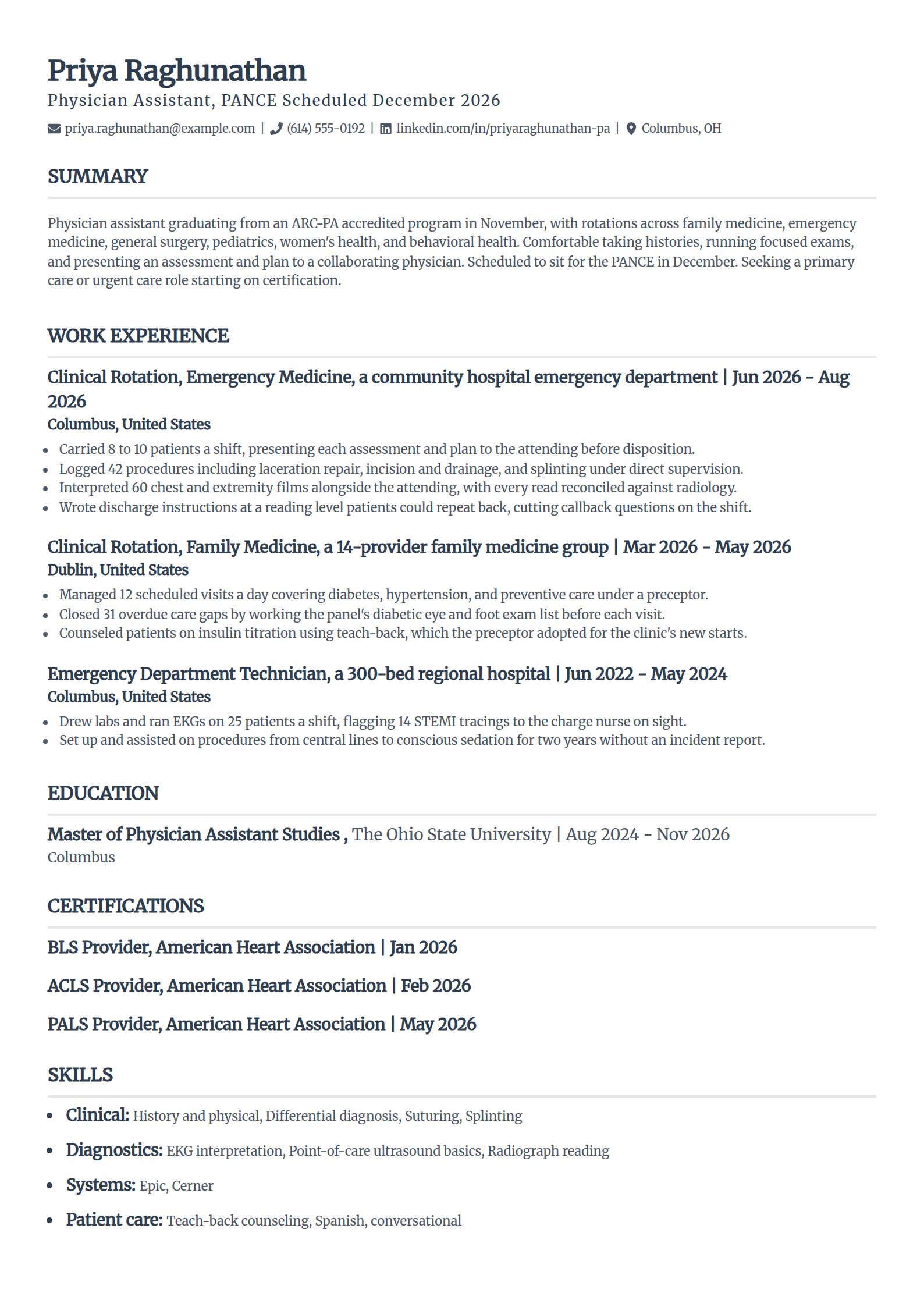New grad physician assistant resume example with PANCE pending, in the Classic template