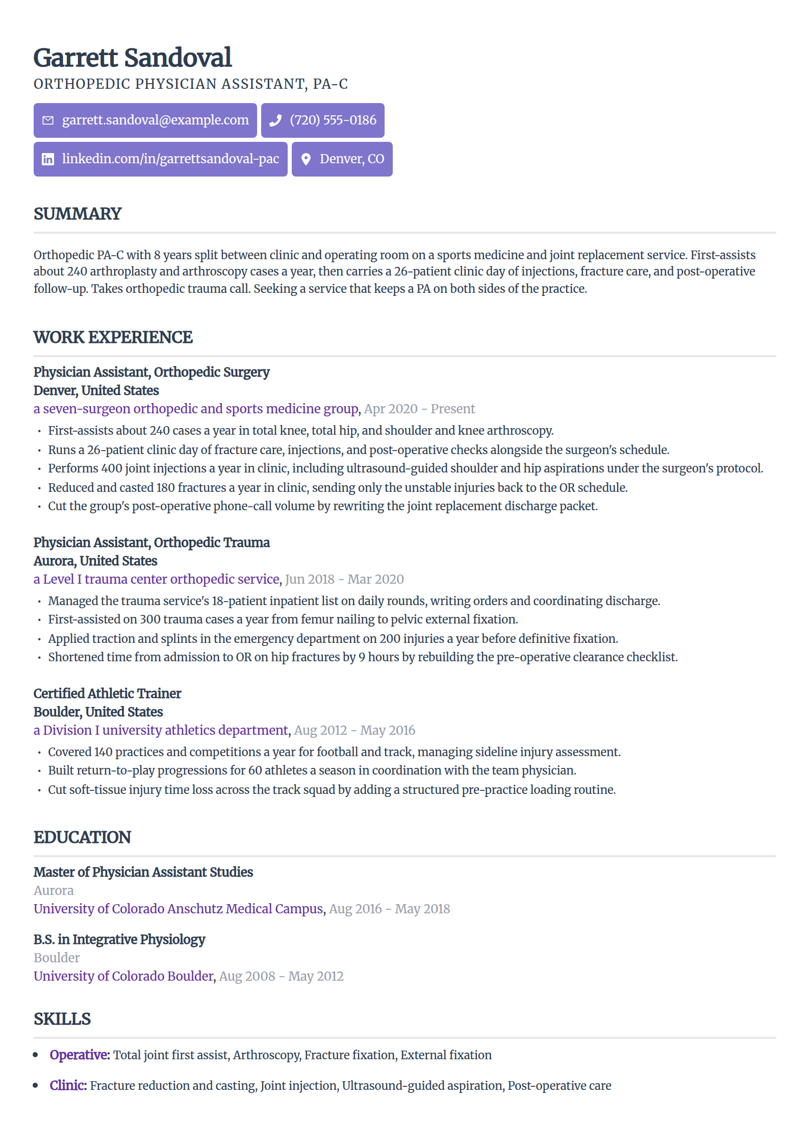 Orthopedic physician assistant resume example in the Sleek Framework template