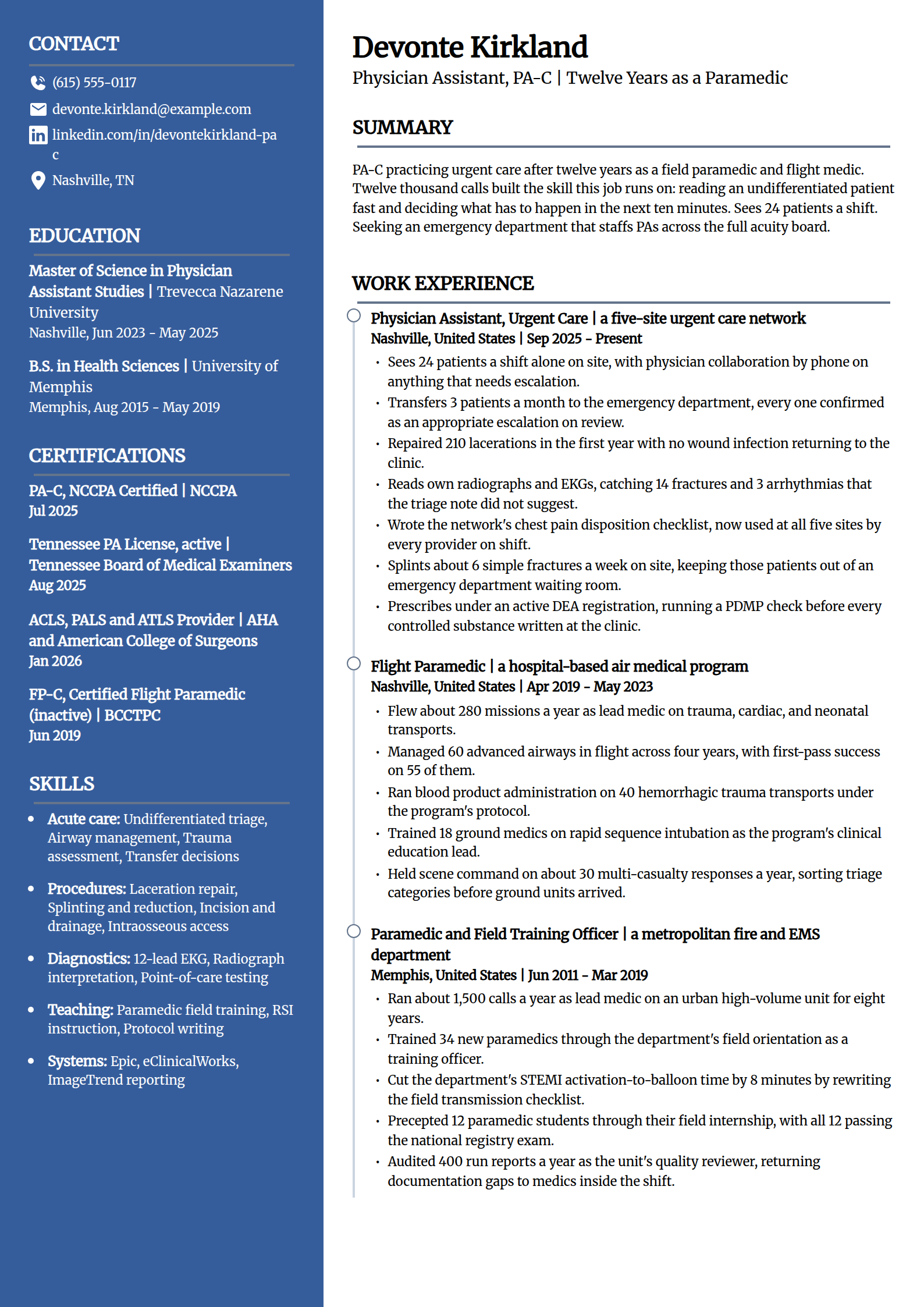 Paramedic to physician assistant career change resume example in the Creative template