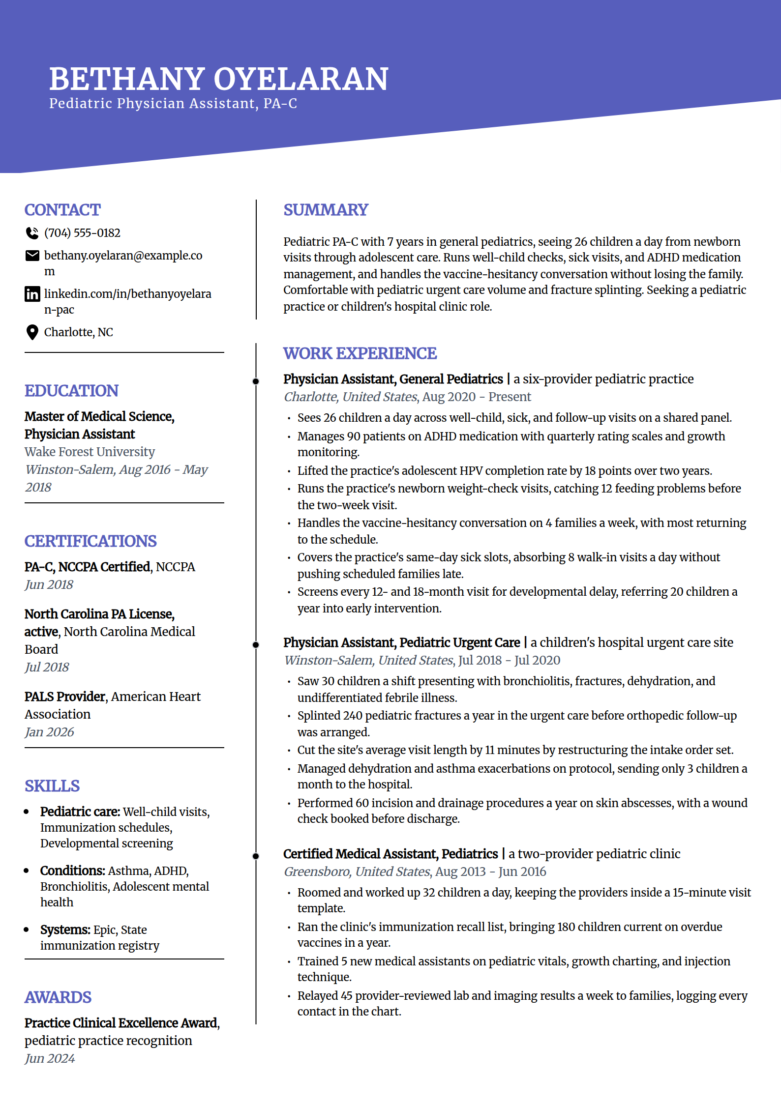 Pediatric physician assistant resume example in the Orbit template