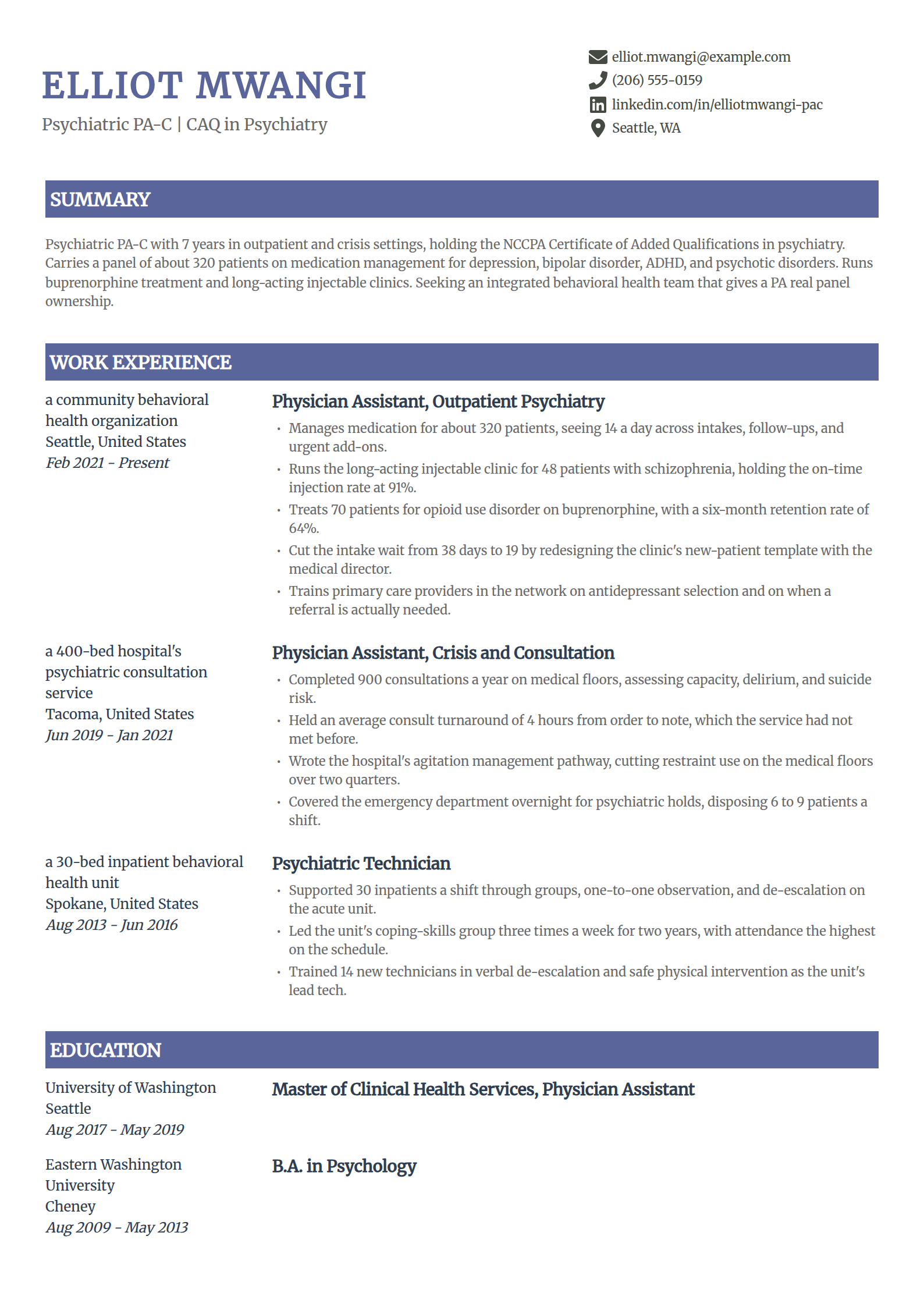 Psychiatric physician assistant resume example in the Catalyst template