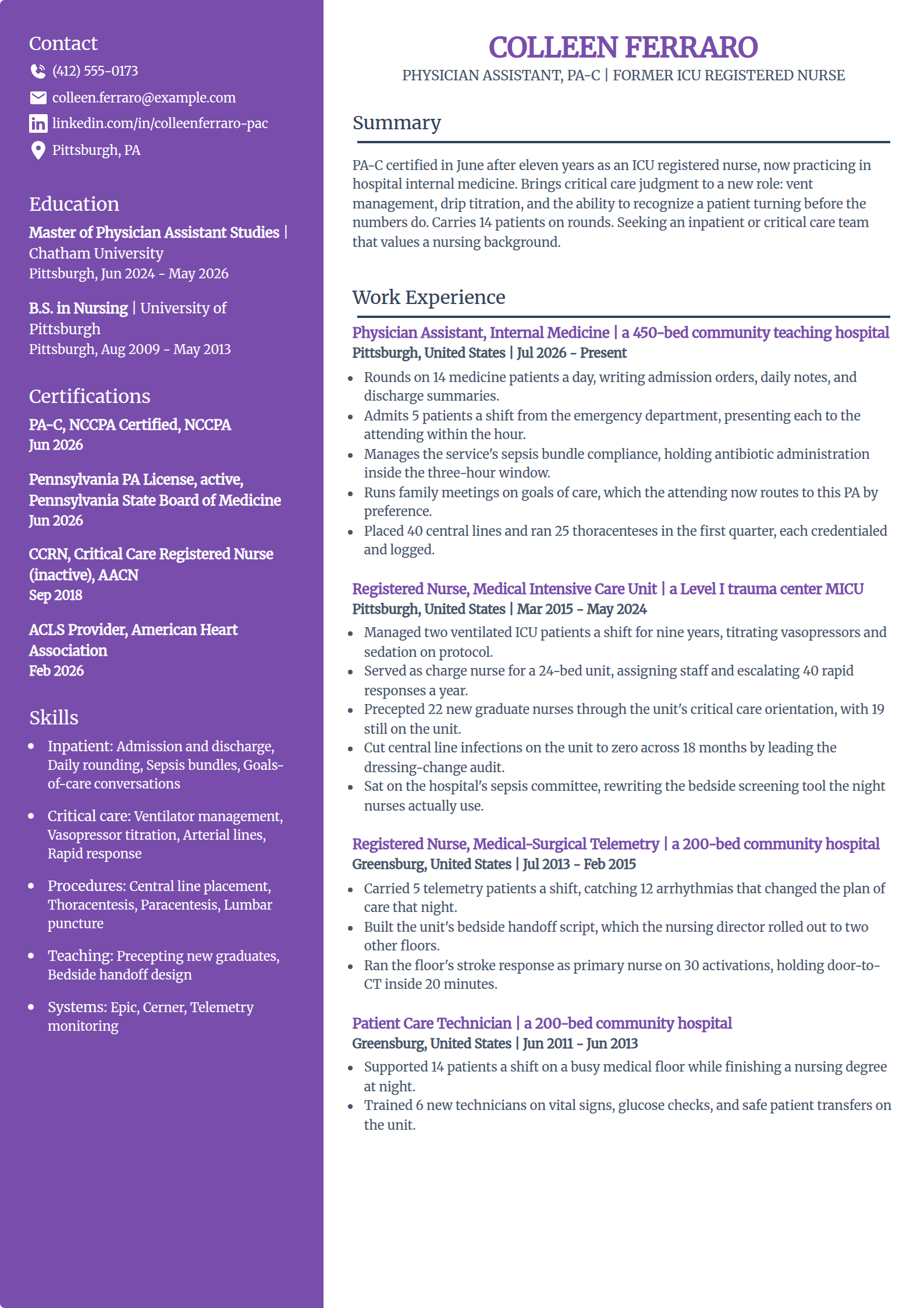 Registered nurse to physician assistant career change resume example in the Pioneer template