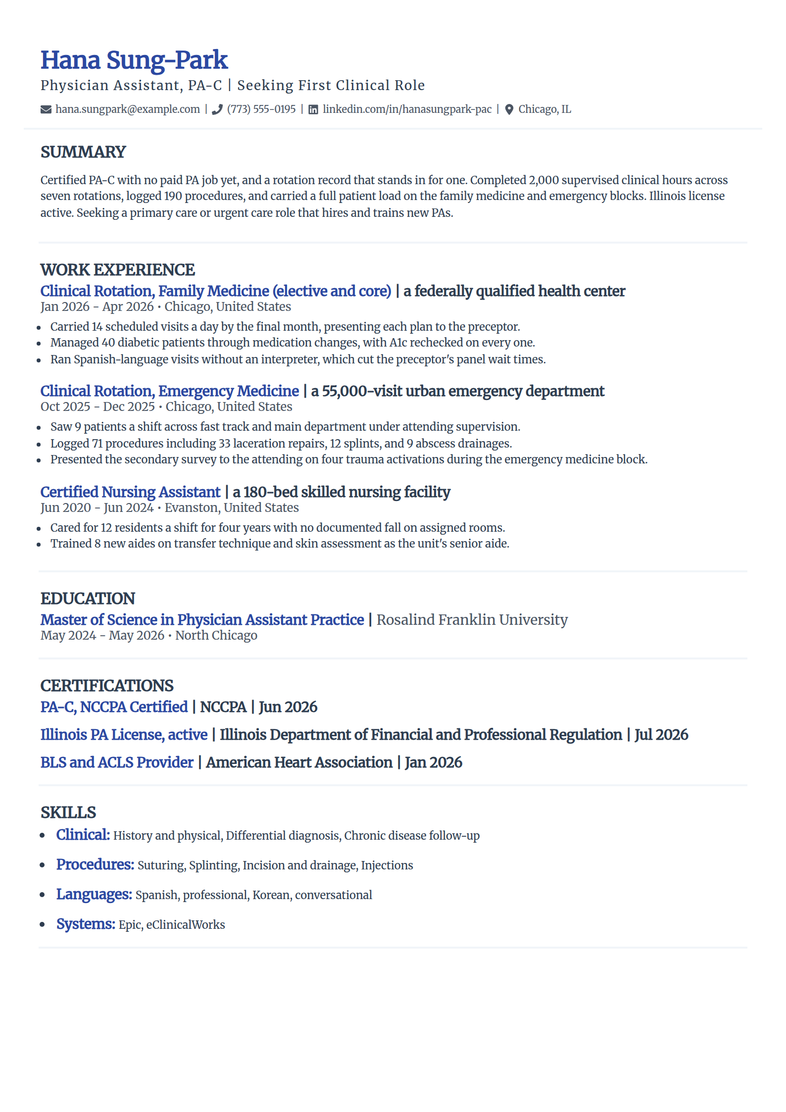 Physician assistant resume example built on rotations only with no paid PA job, in the Elegant template