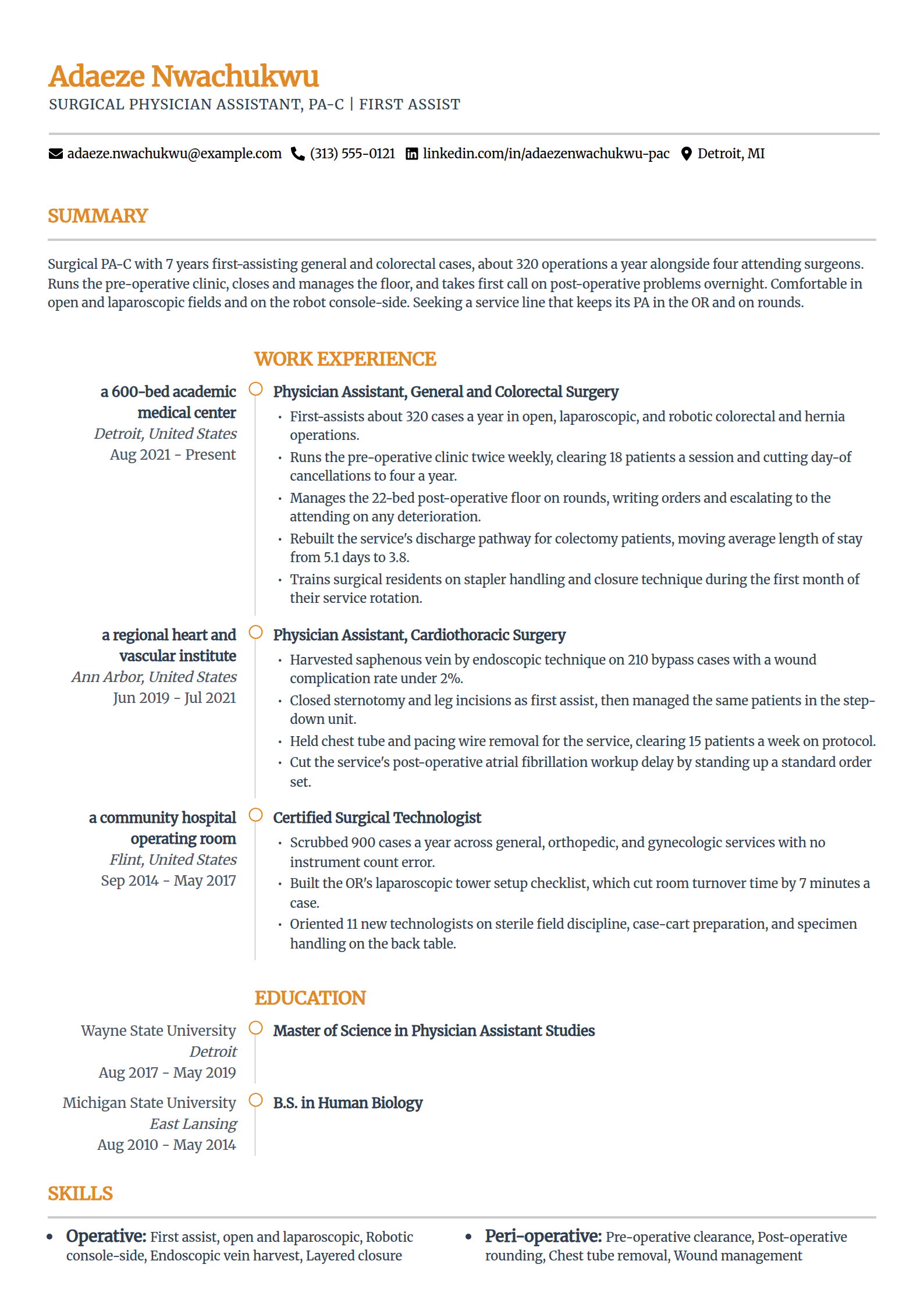 Surgical physician assistant first assist resume example in the Zenith template