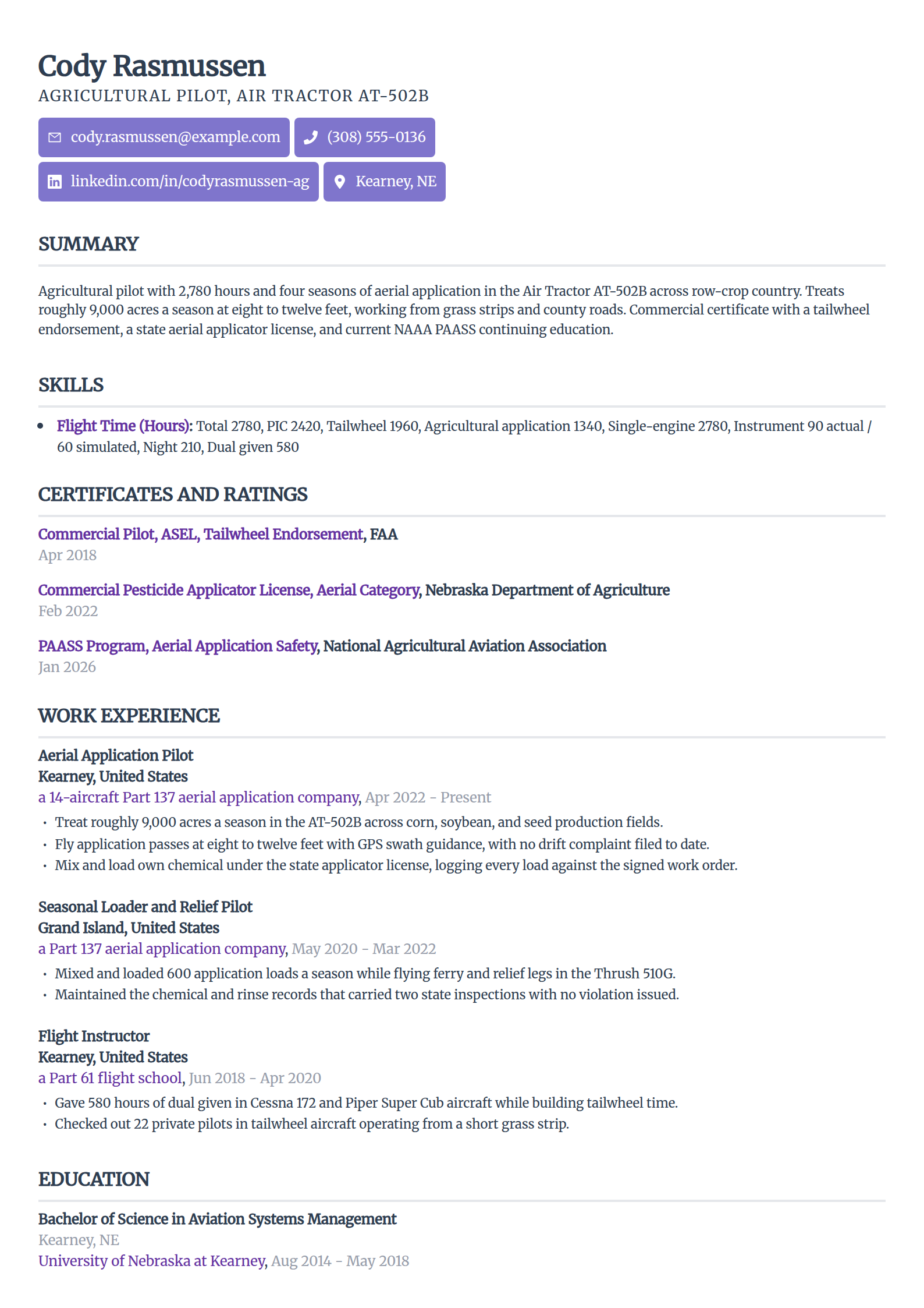 Agricultural pilot resume example in the Sleek Framework template
