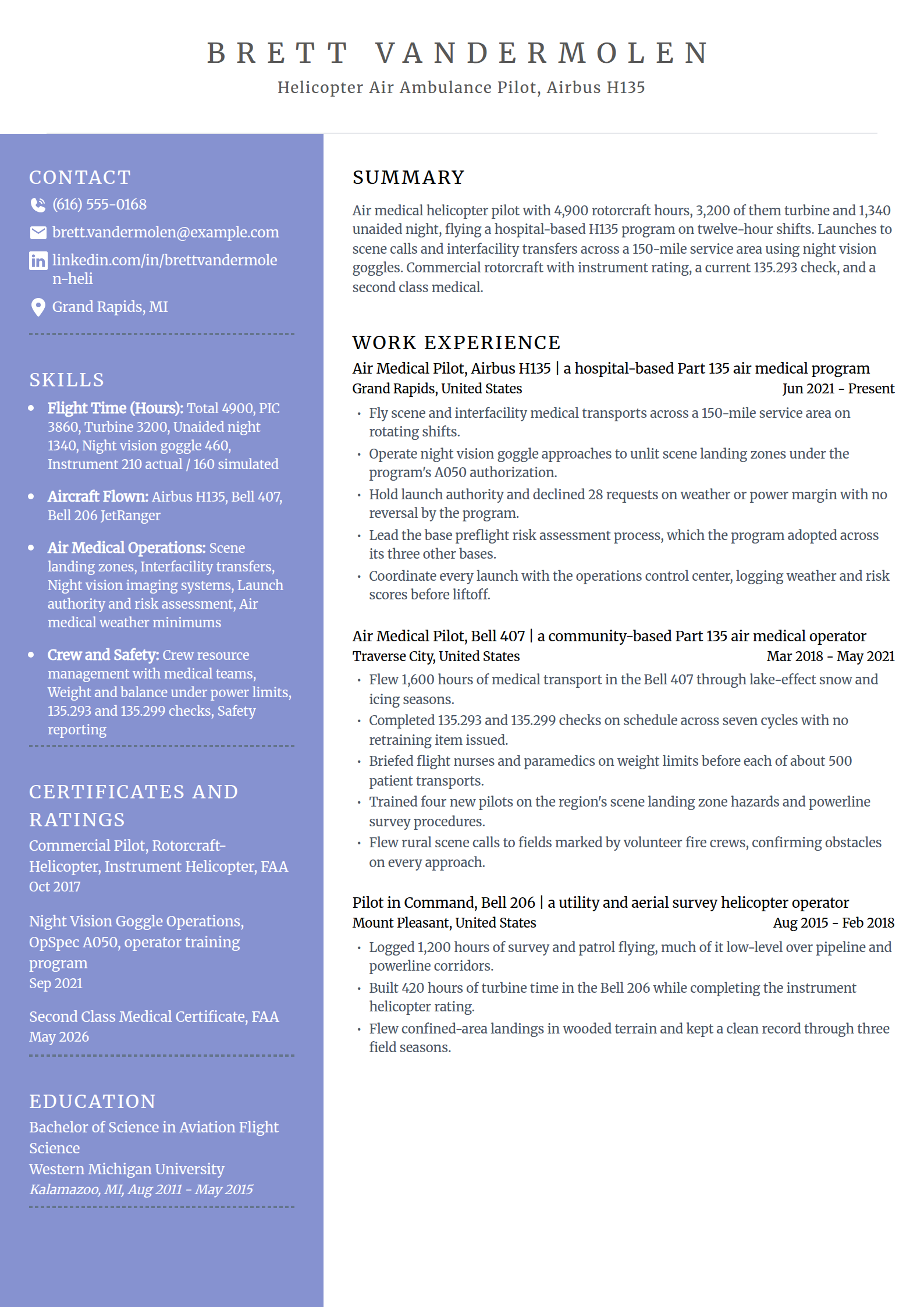 Helicopter air ambulance pilot resume example in the Luminary template