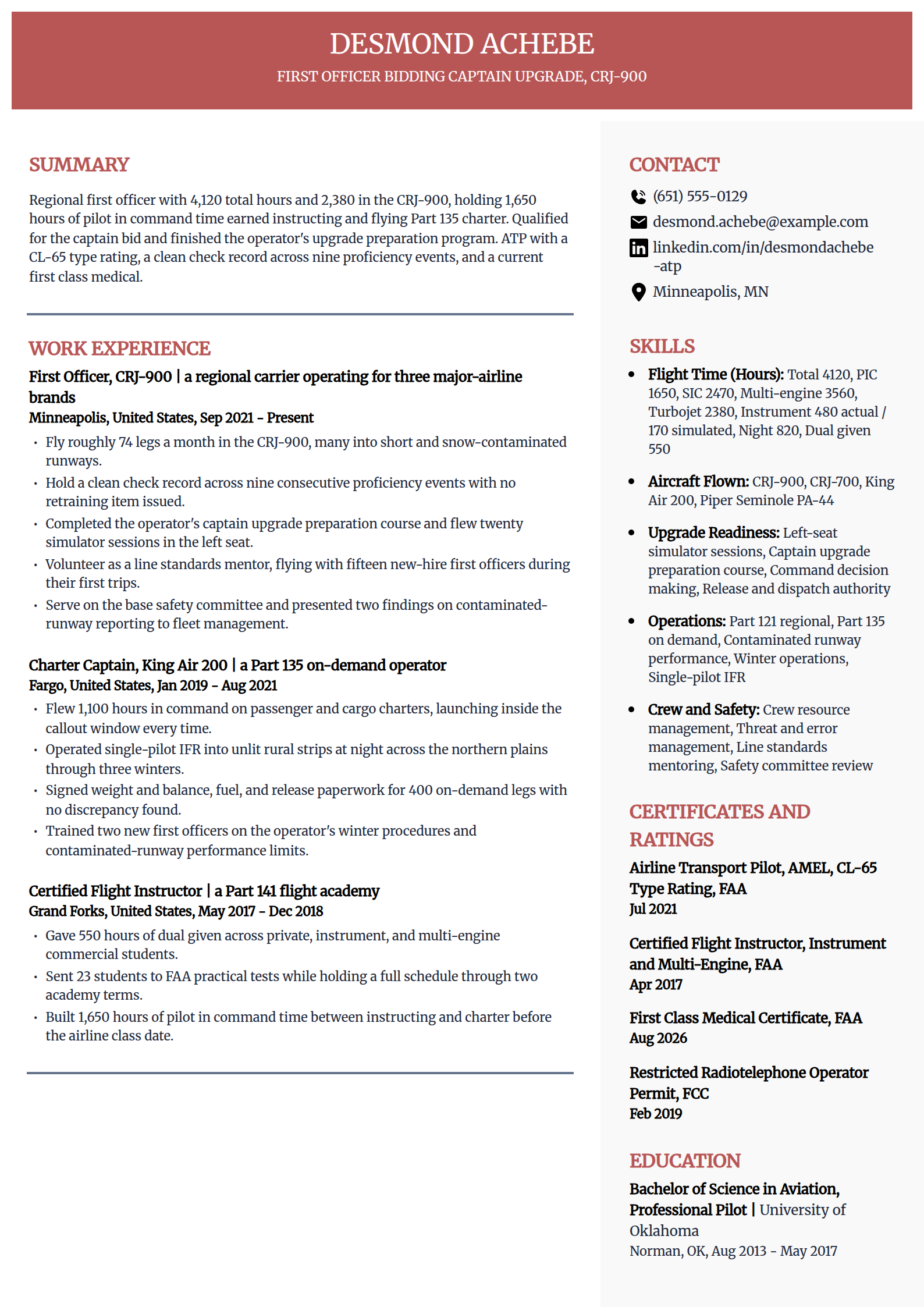 Captain upgrade candidate resume example in the Executive template