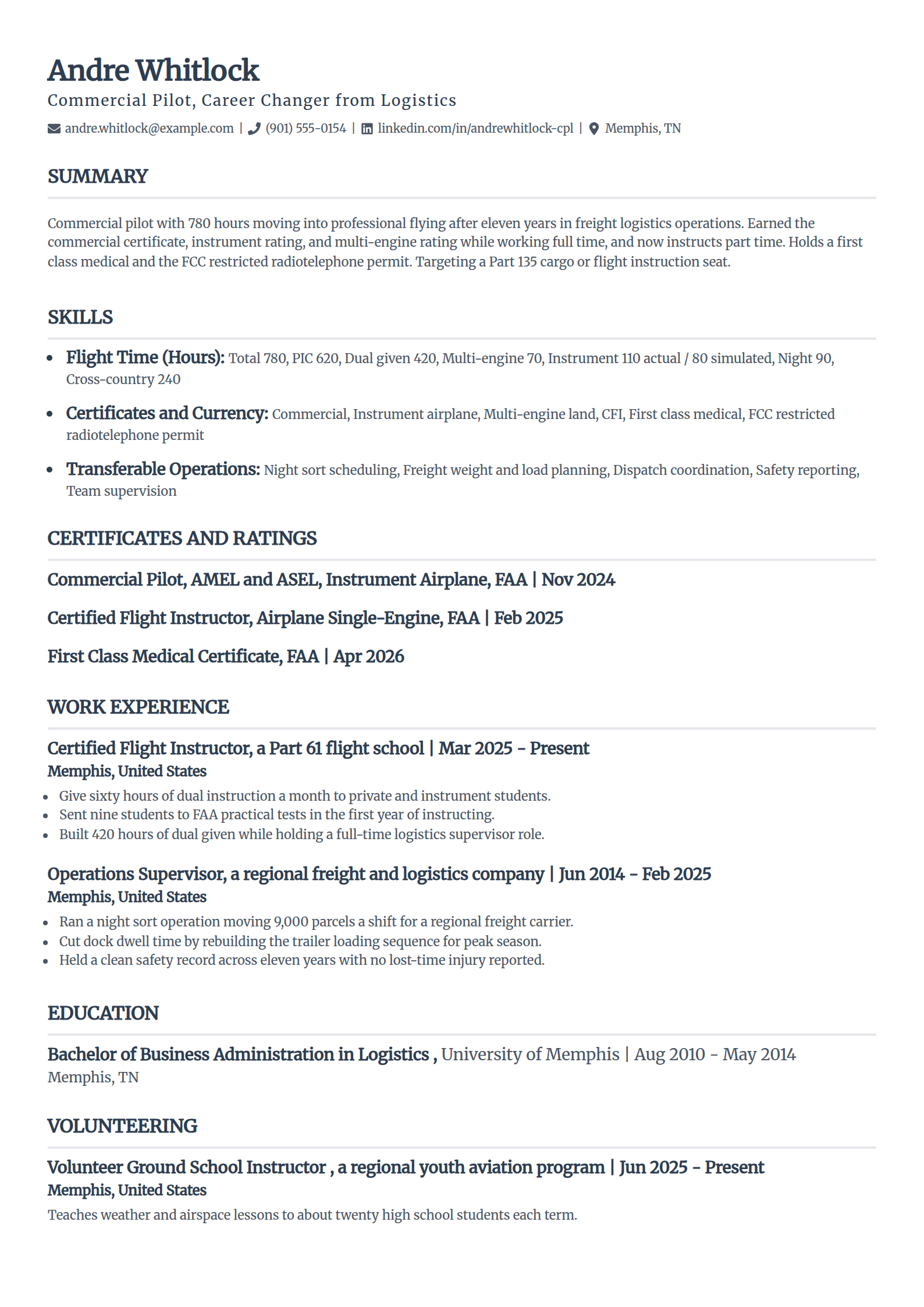 Career-change pilot resume example in the Classic template