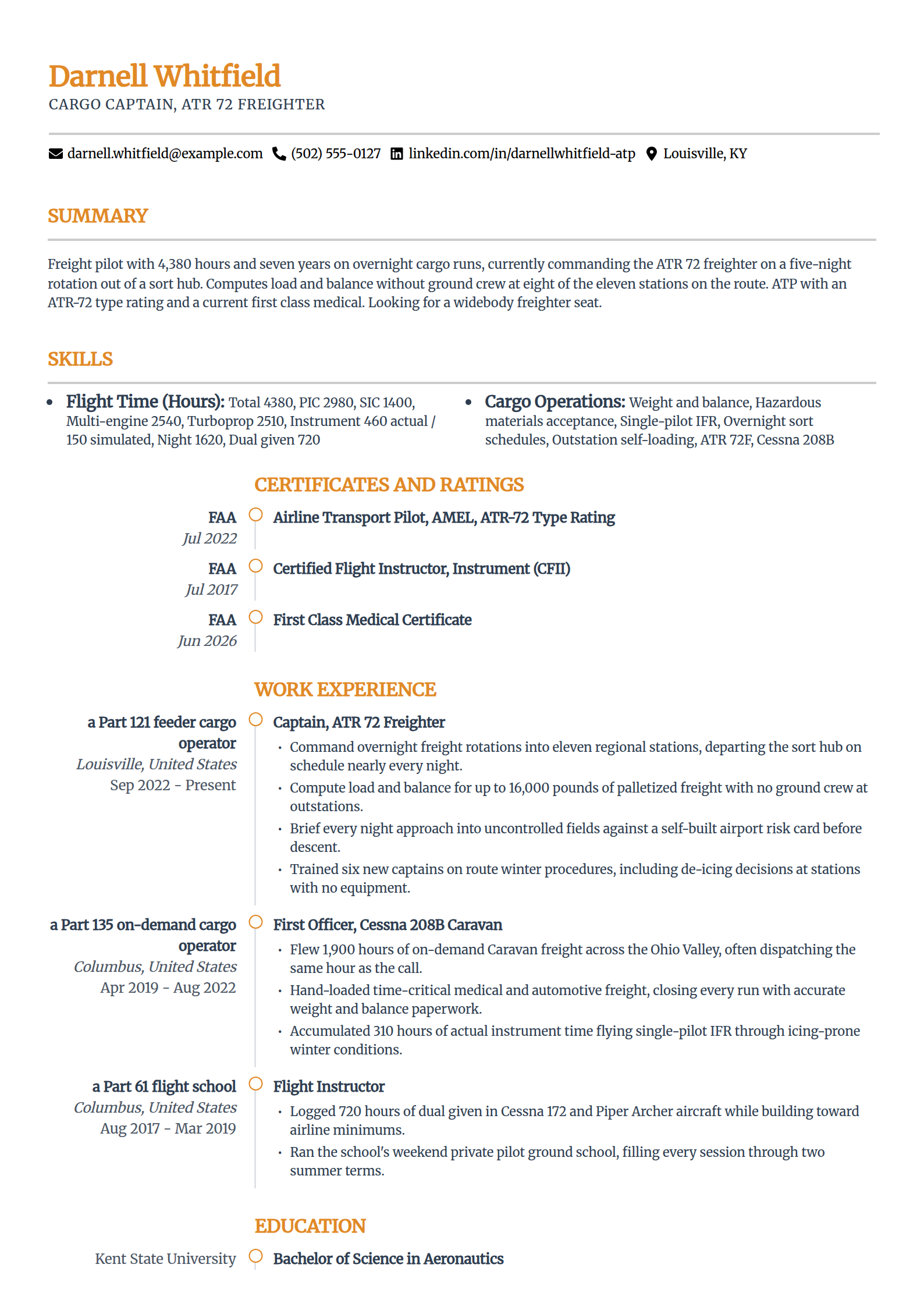 Cargo pilot resume example in the Zenith template