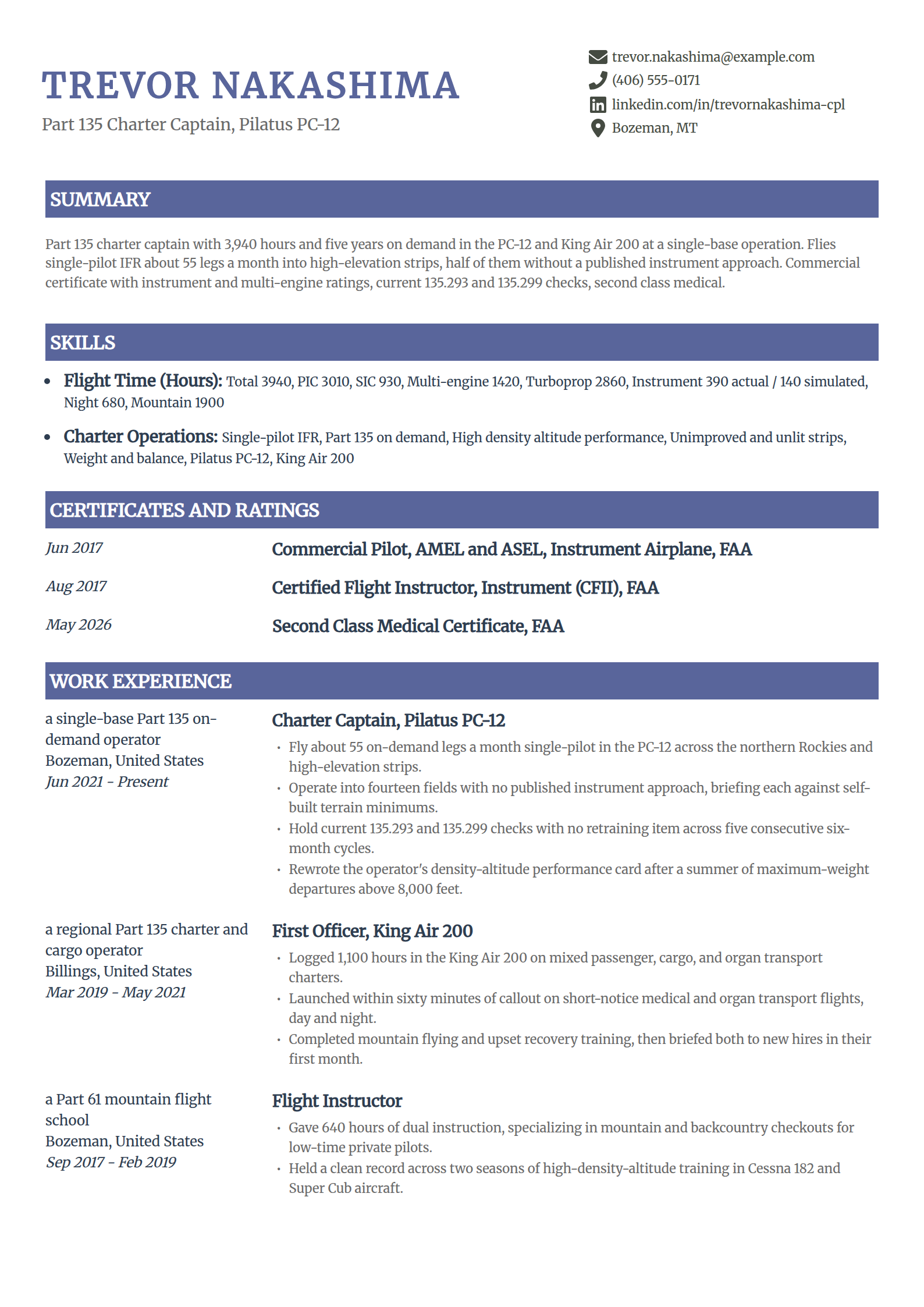 Part 135 charter pilot resume example in the Catalyst template