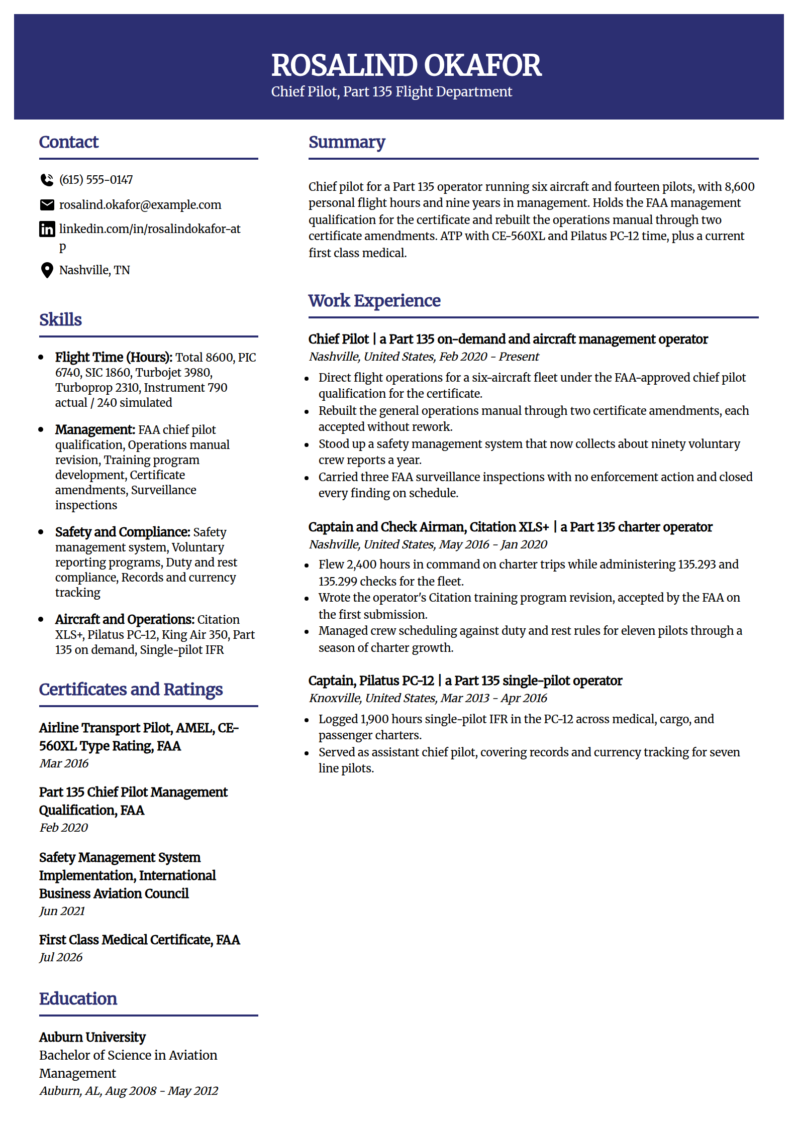 Chief pilot resume example in the Visionary template