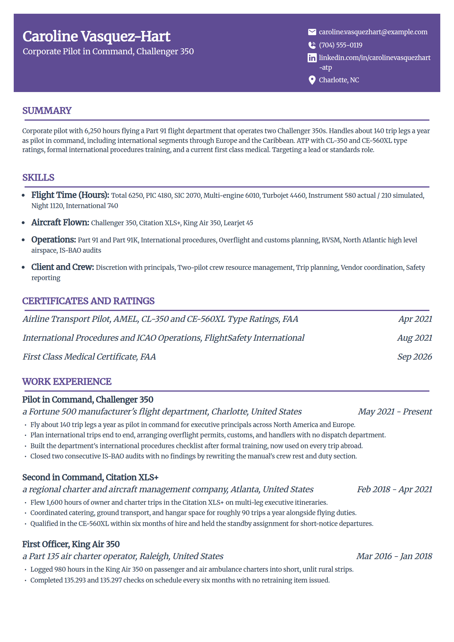 Corporate pilot resume example in the Panorama template