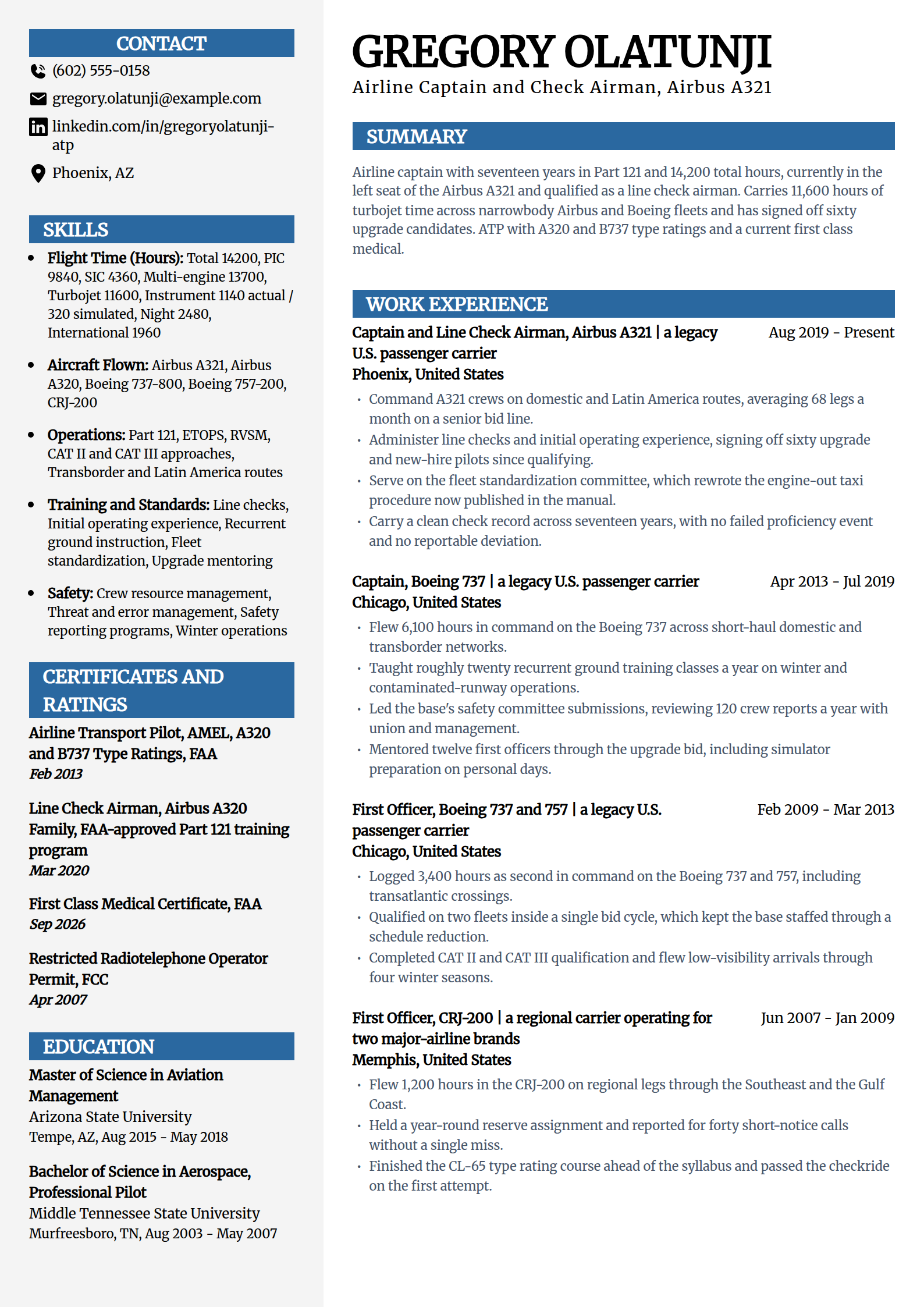 Experienced airline captain resume example in the Mosaic template