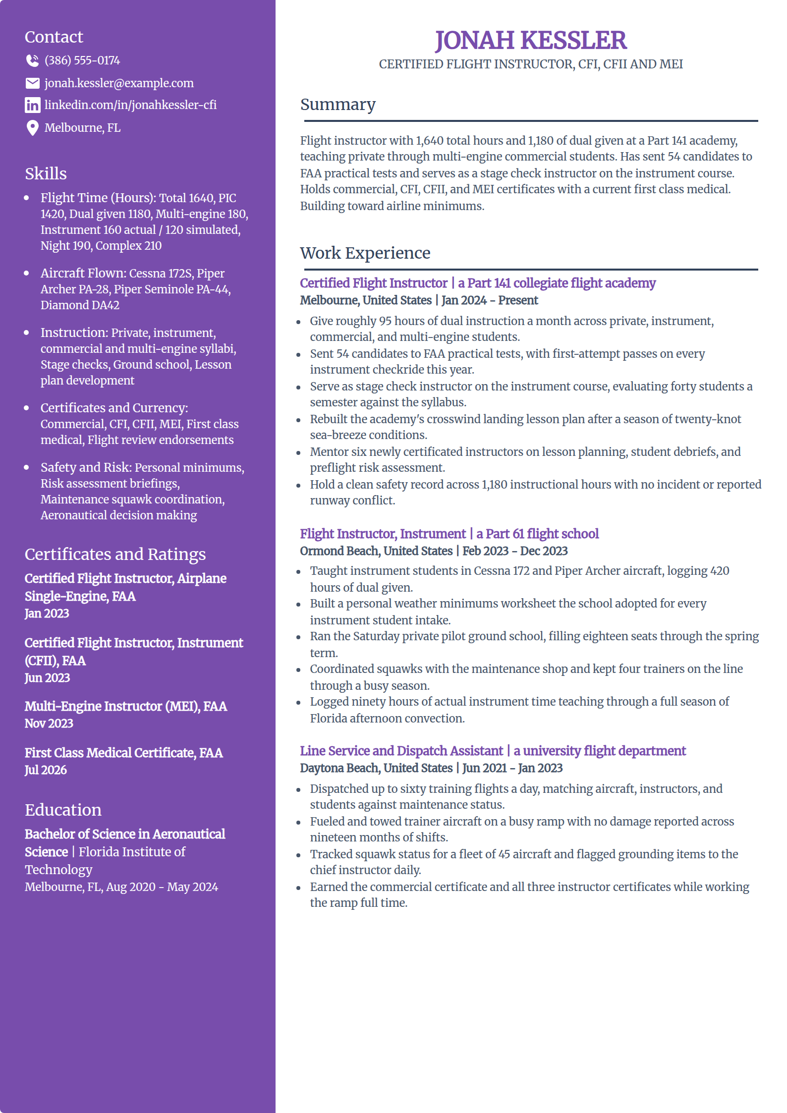 Flight instructor resume example in the Pioneer template
