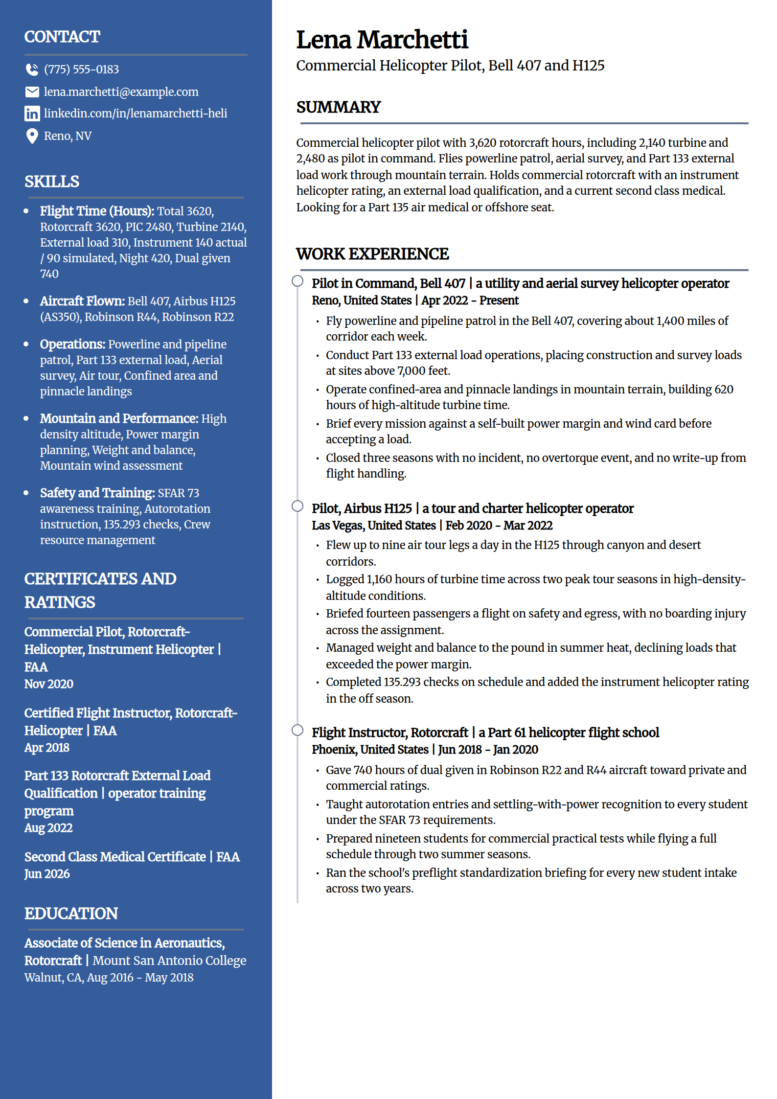 Helicopter pilot resume example in the Creative template