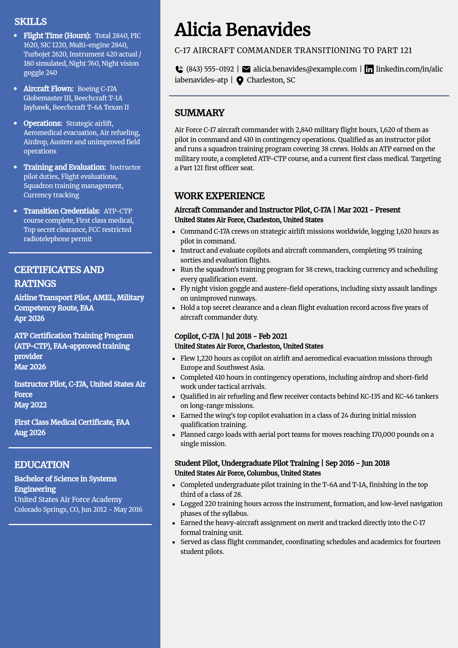 Military to civilian transition pilot resume example in the Innovative template