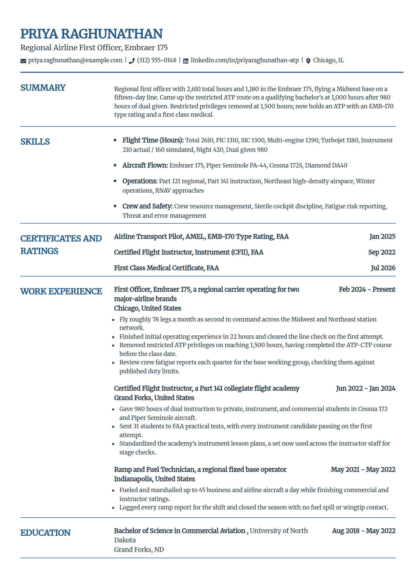 Regional airline first officer resume example in the Craft template