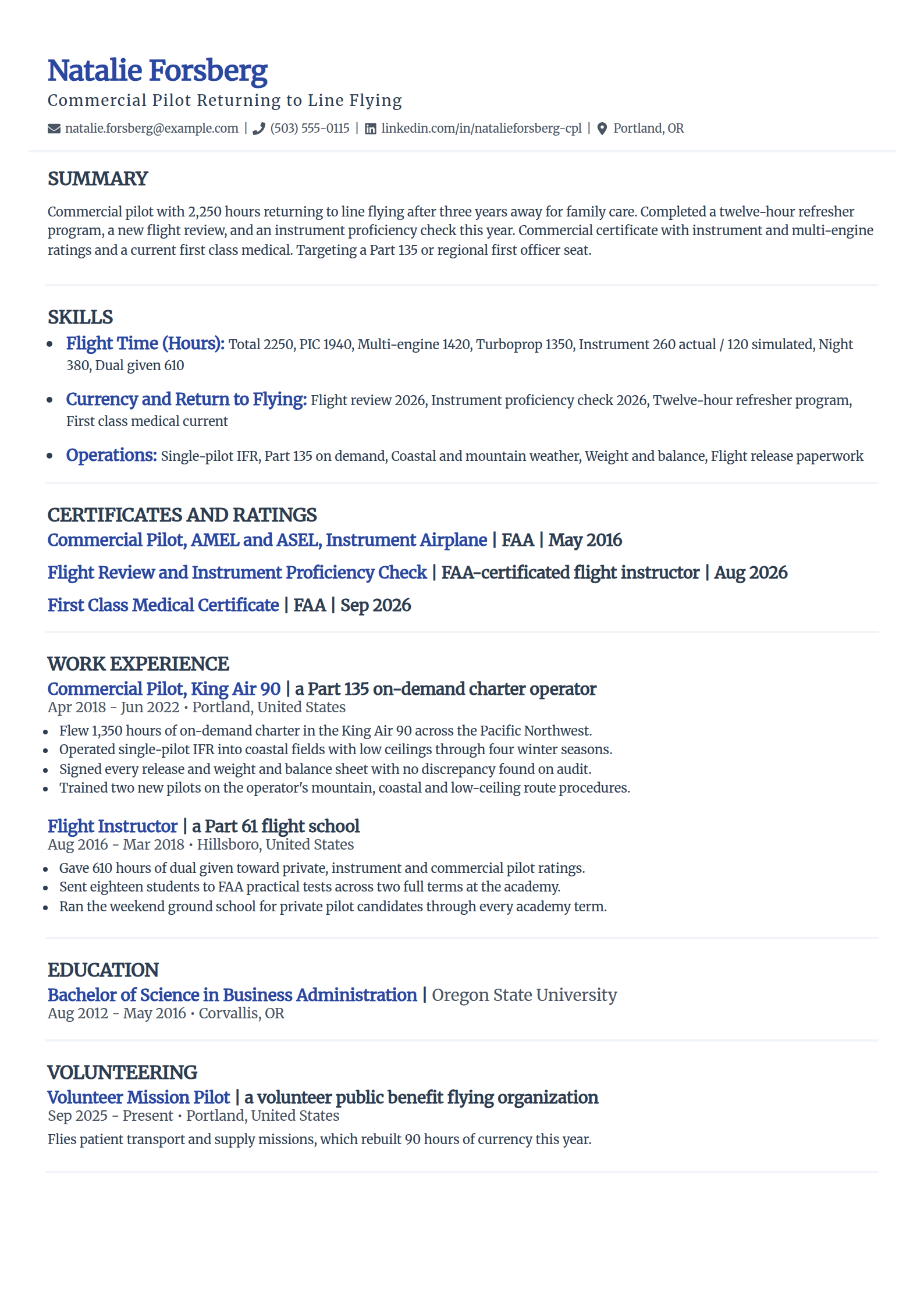 Pilot returning after a career gap resume example in the Elegant template
