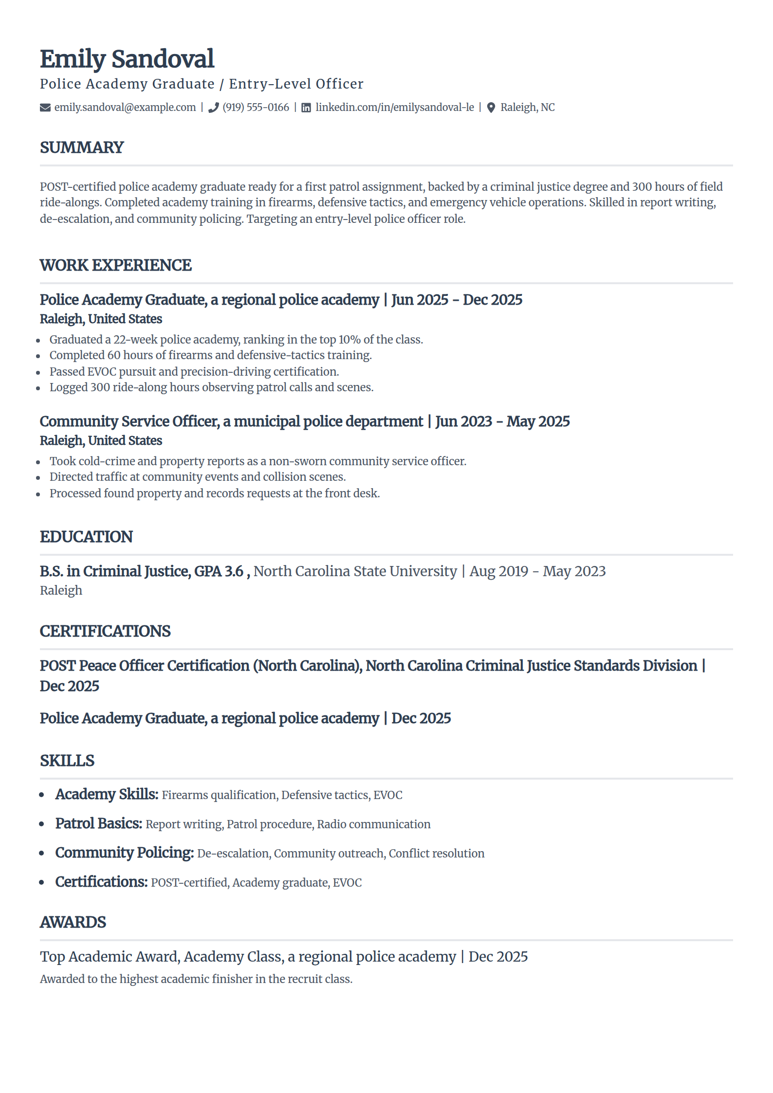 Entry-level police academy graduate resume example in the Classic template