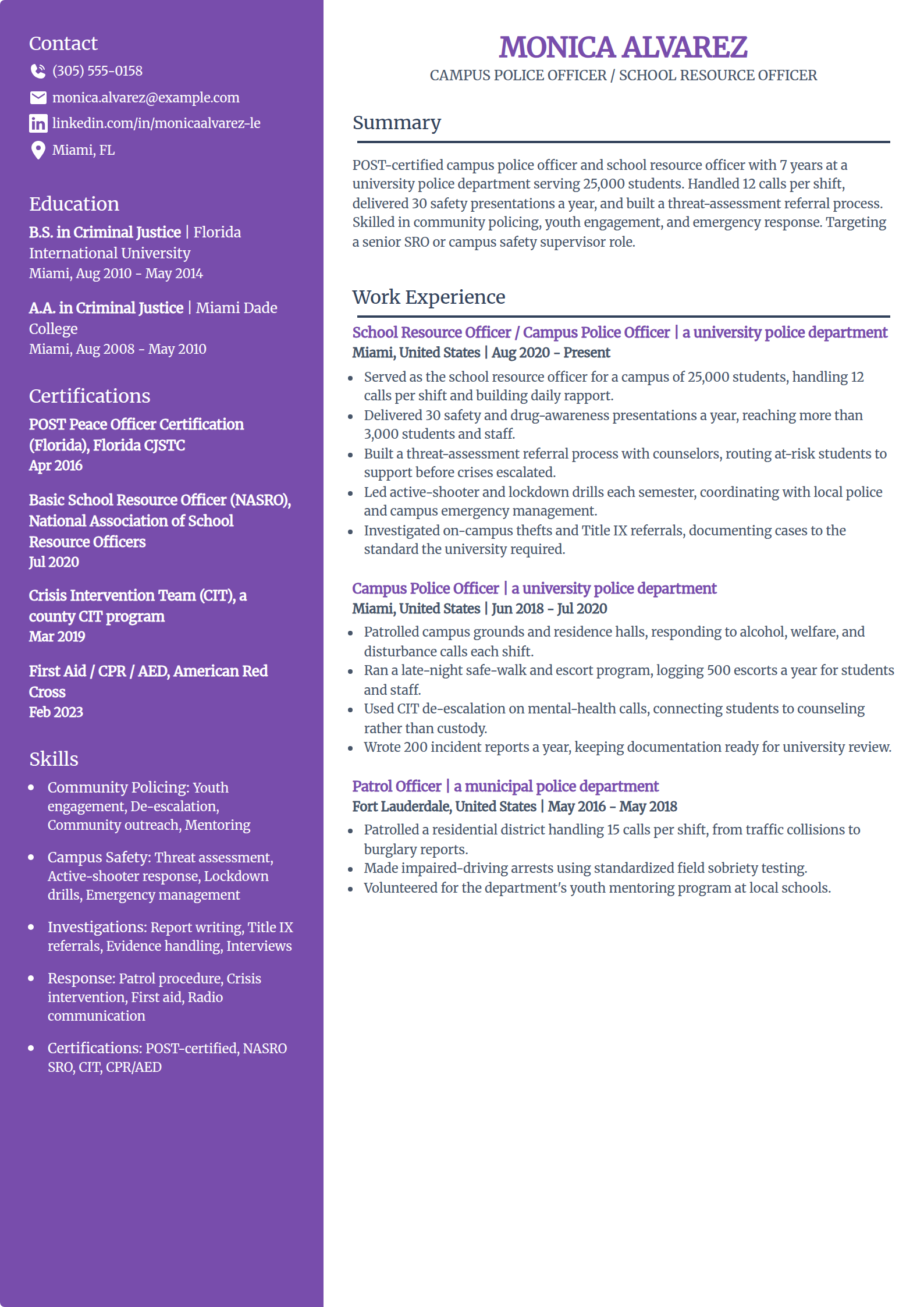 Campus police and school resource officer resume example in the Pioneer template