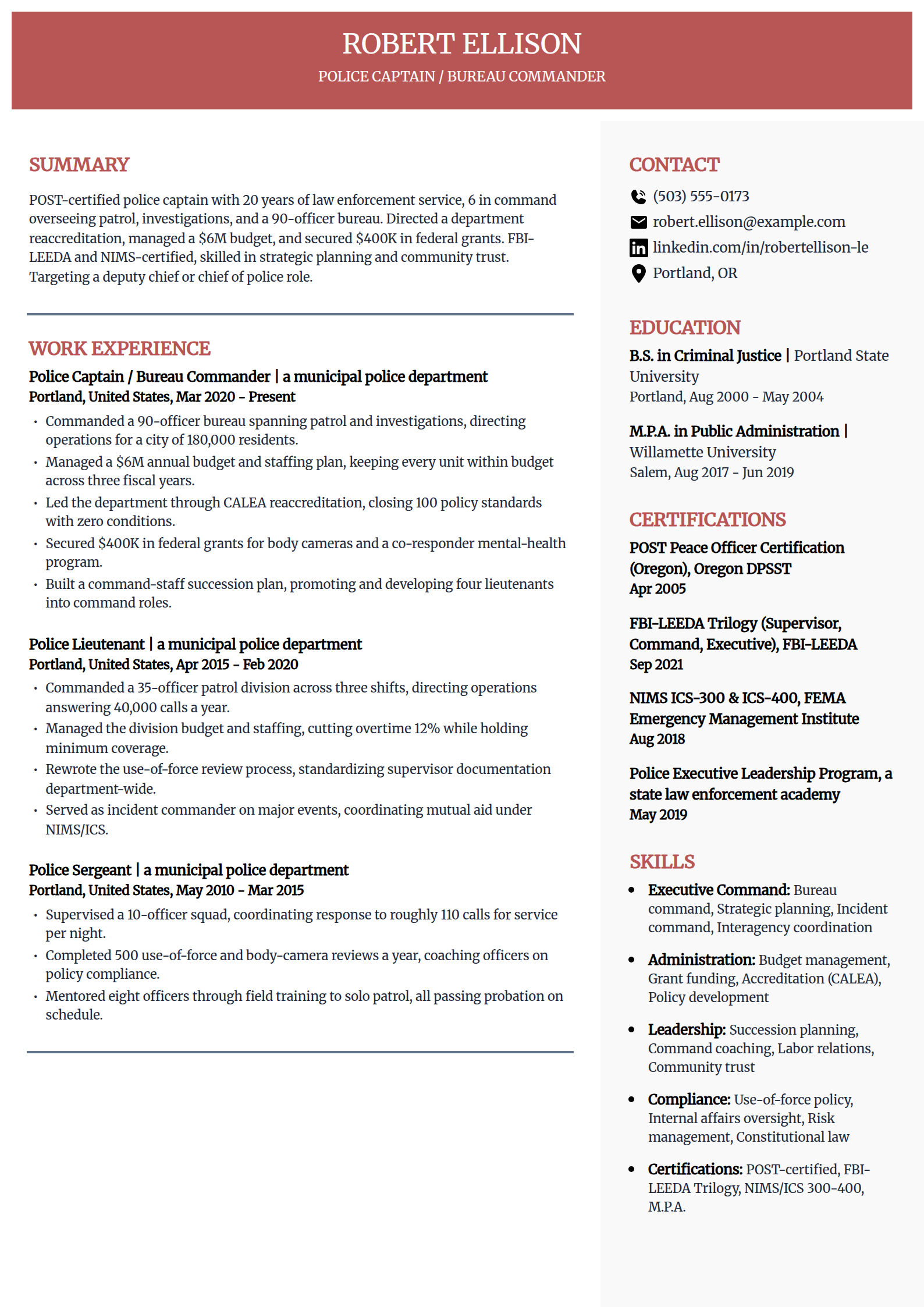 Police captain resume example in the Executive template