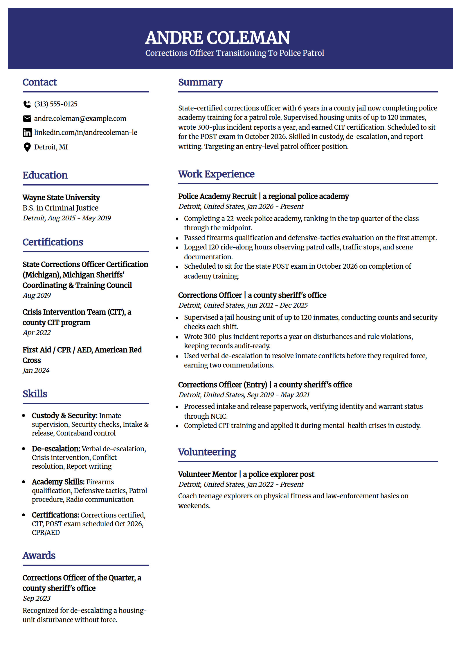 Corrections officer to patrol transition resume example in the Visionary template