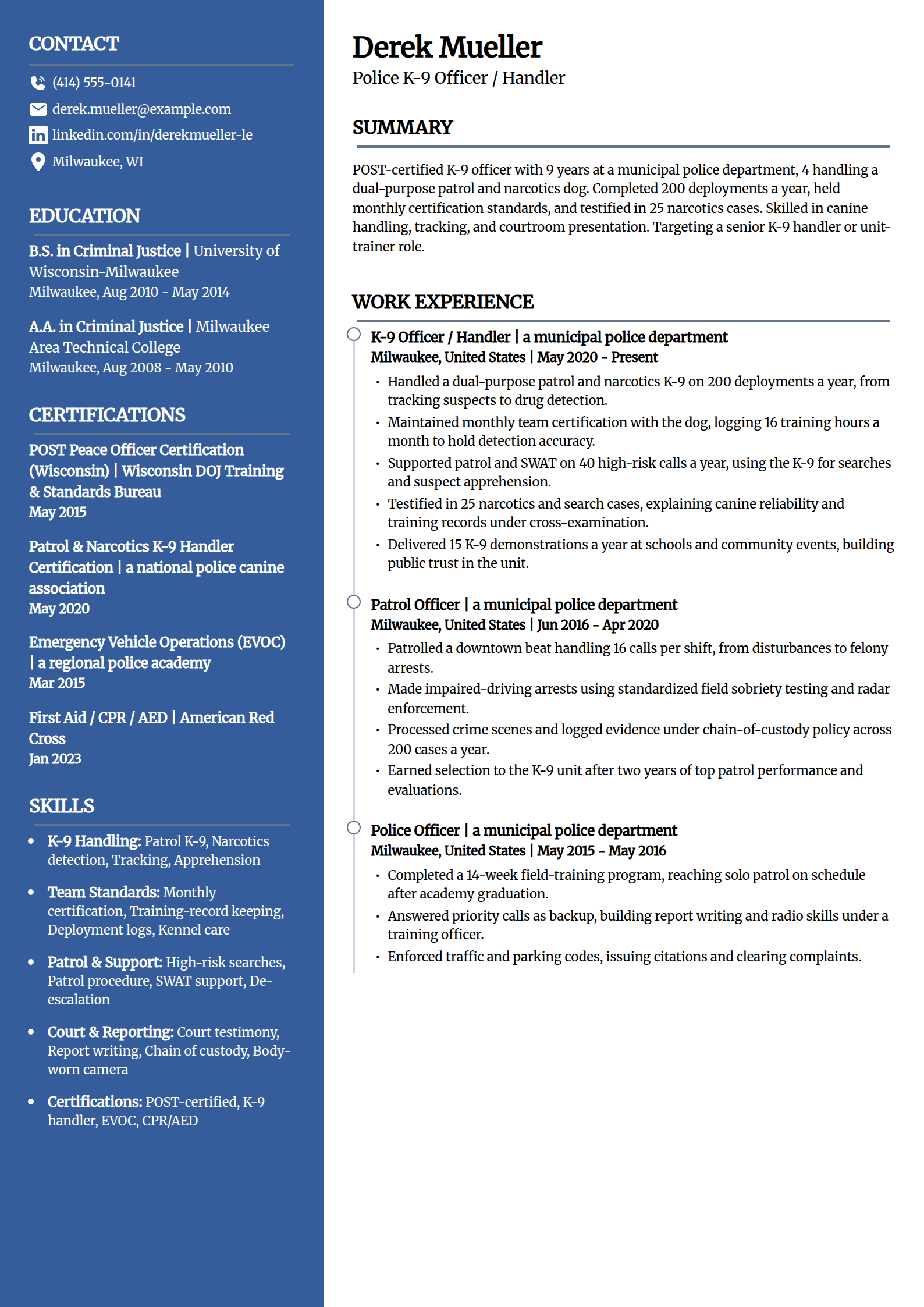 Police K-9 officer resume example in the Creative template
