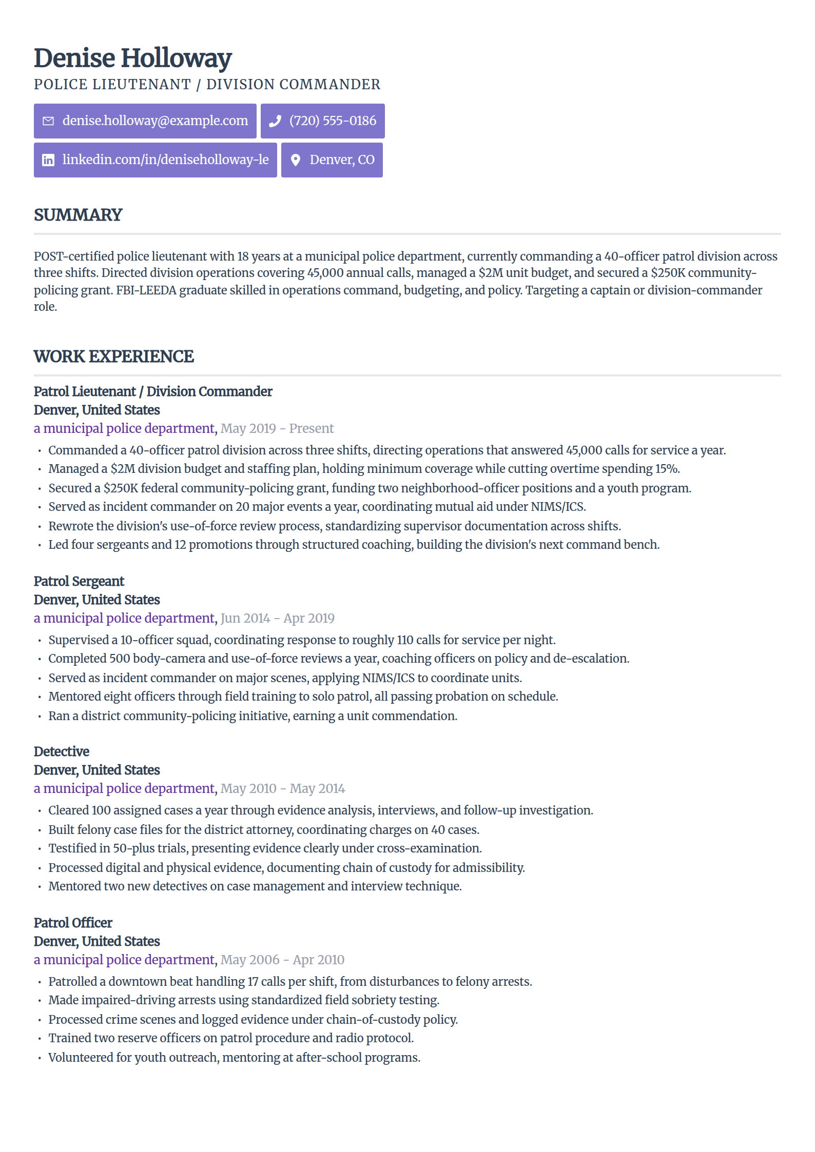 Police lieutenant resume example in the Sleek Framework template