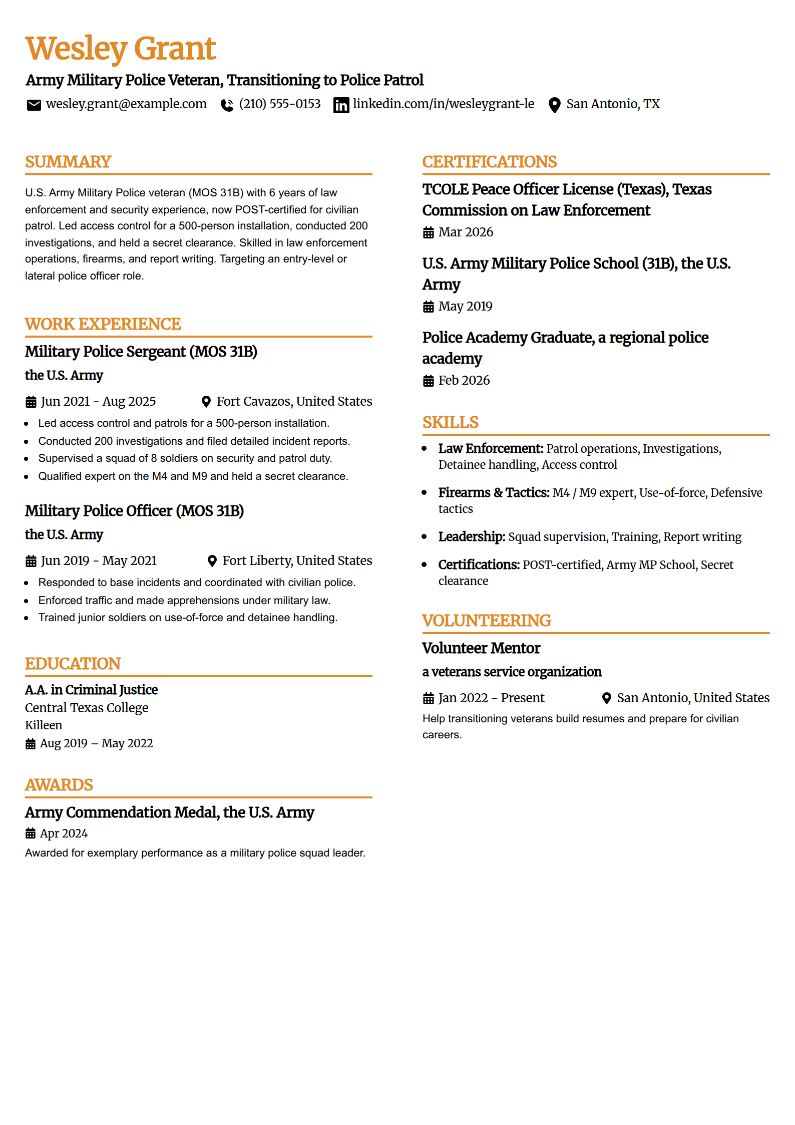 Military police to civilian police transition resume example in the Professional Edge template