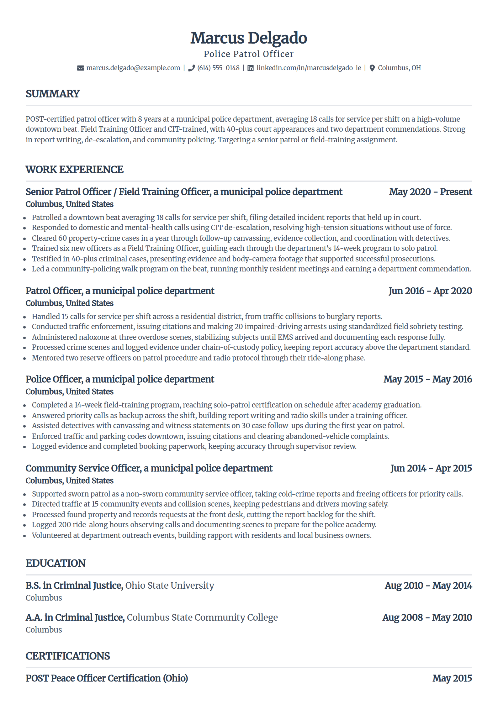 Experienced patrol officer resume example in the Standard template
