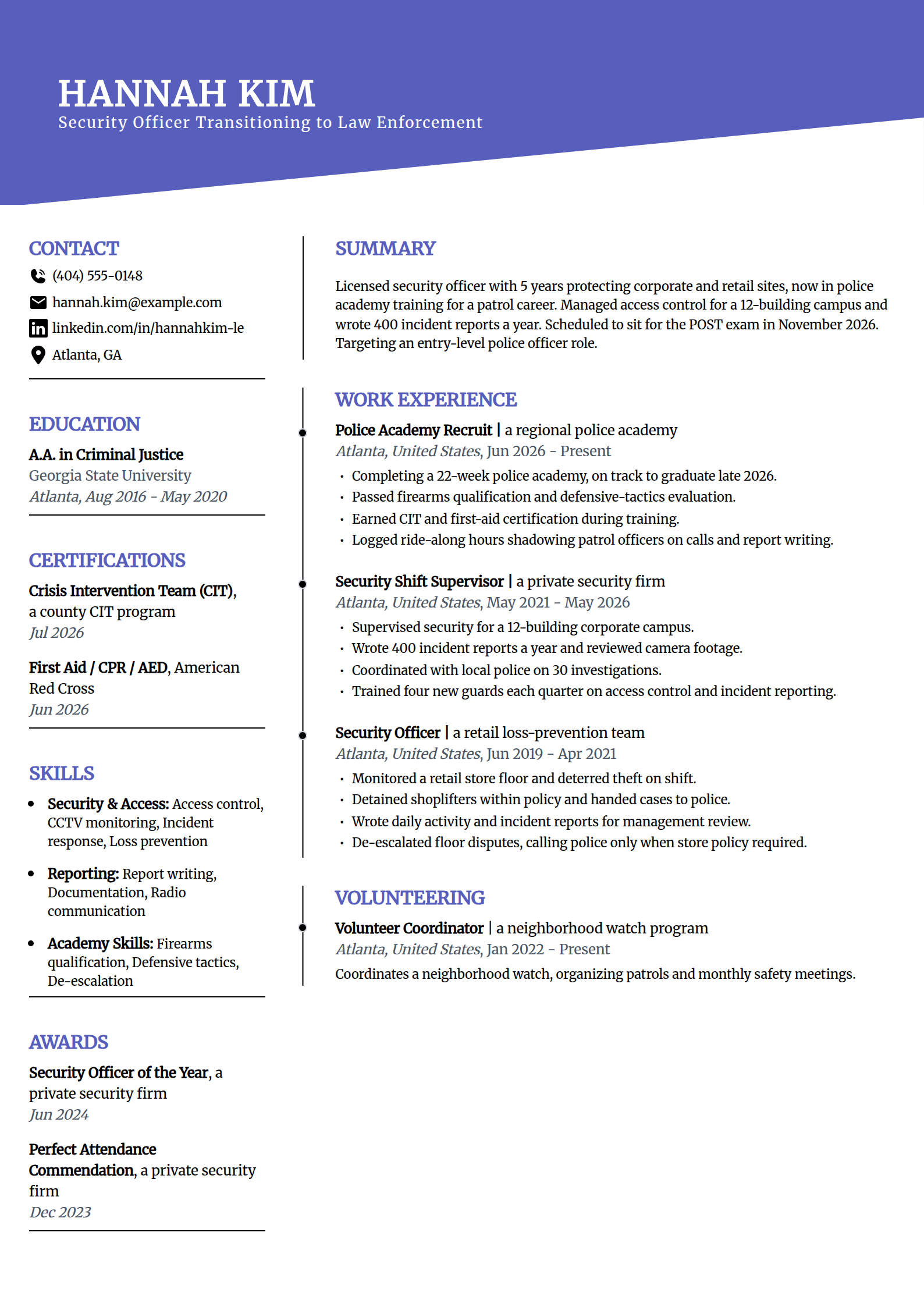 Security officer to law enforcement career-change resume example in the Orbit template