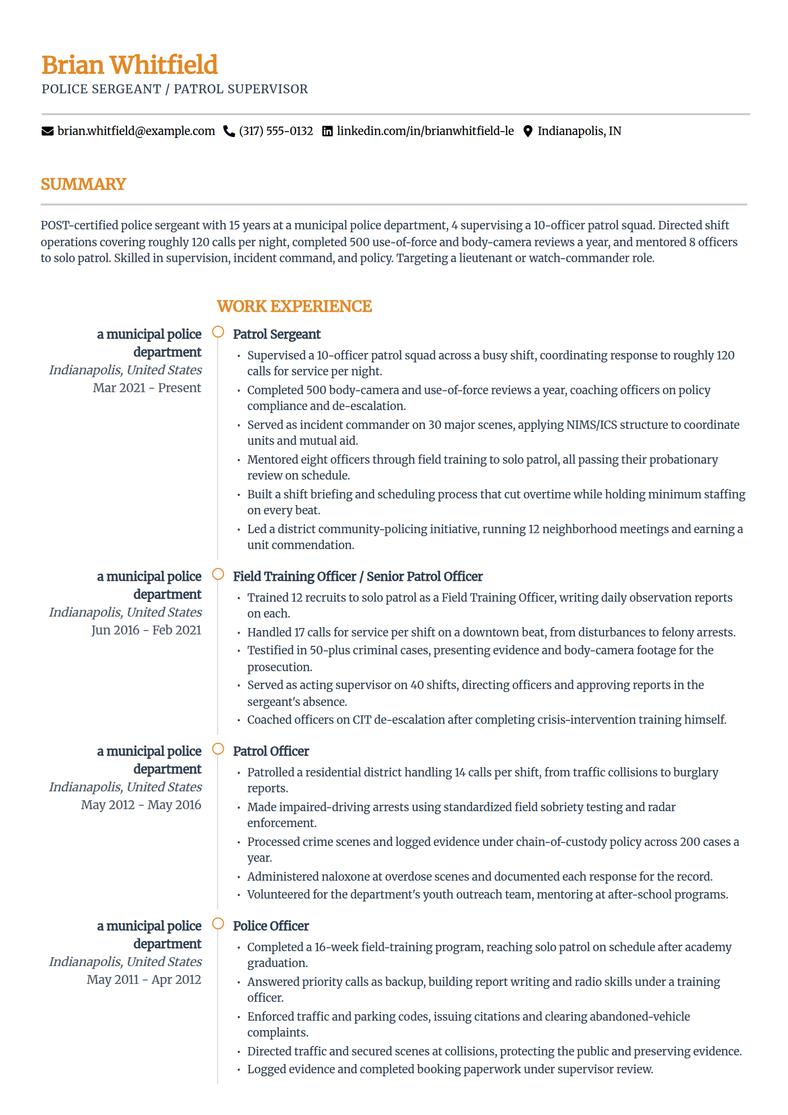 Police sergeant resume example in the Zenith template