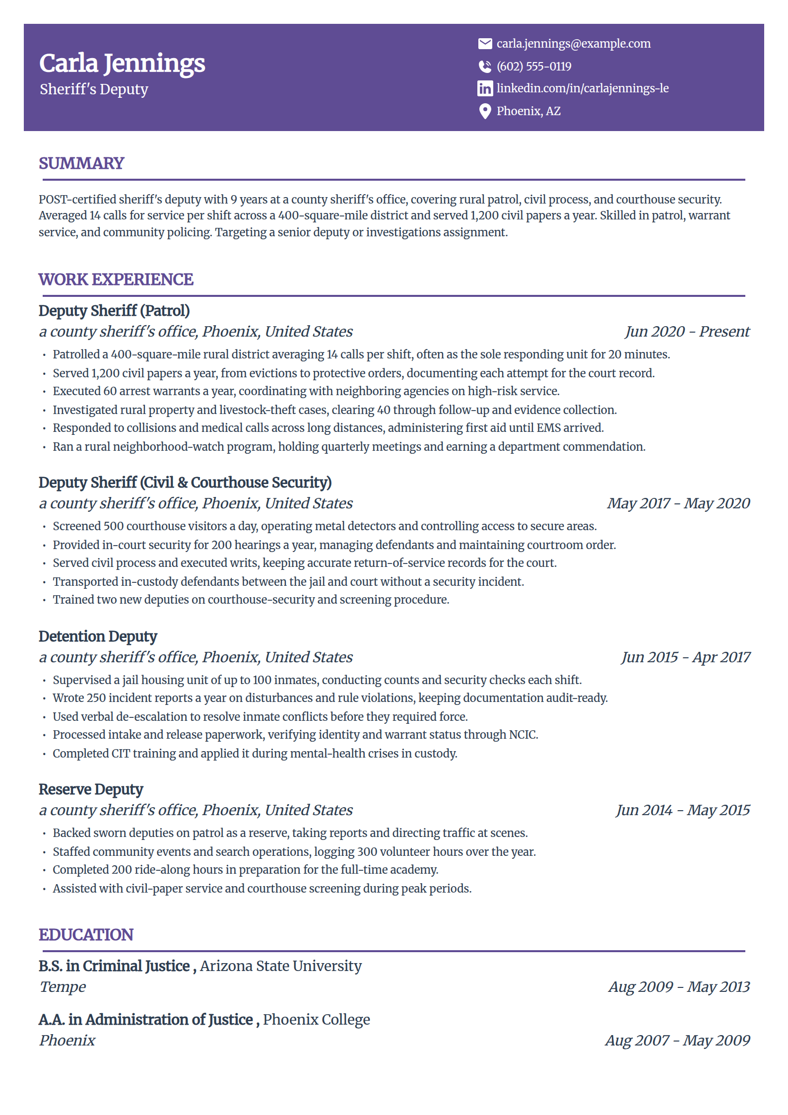 Sheriff's deputy resume example in the Panorama template