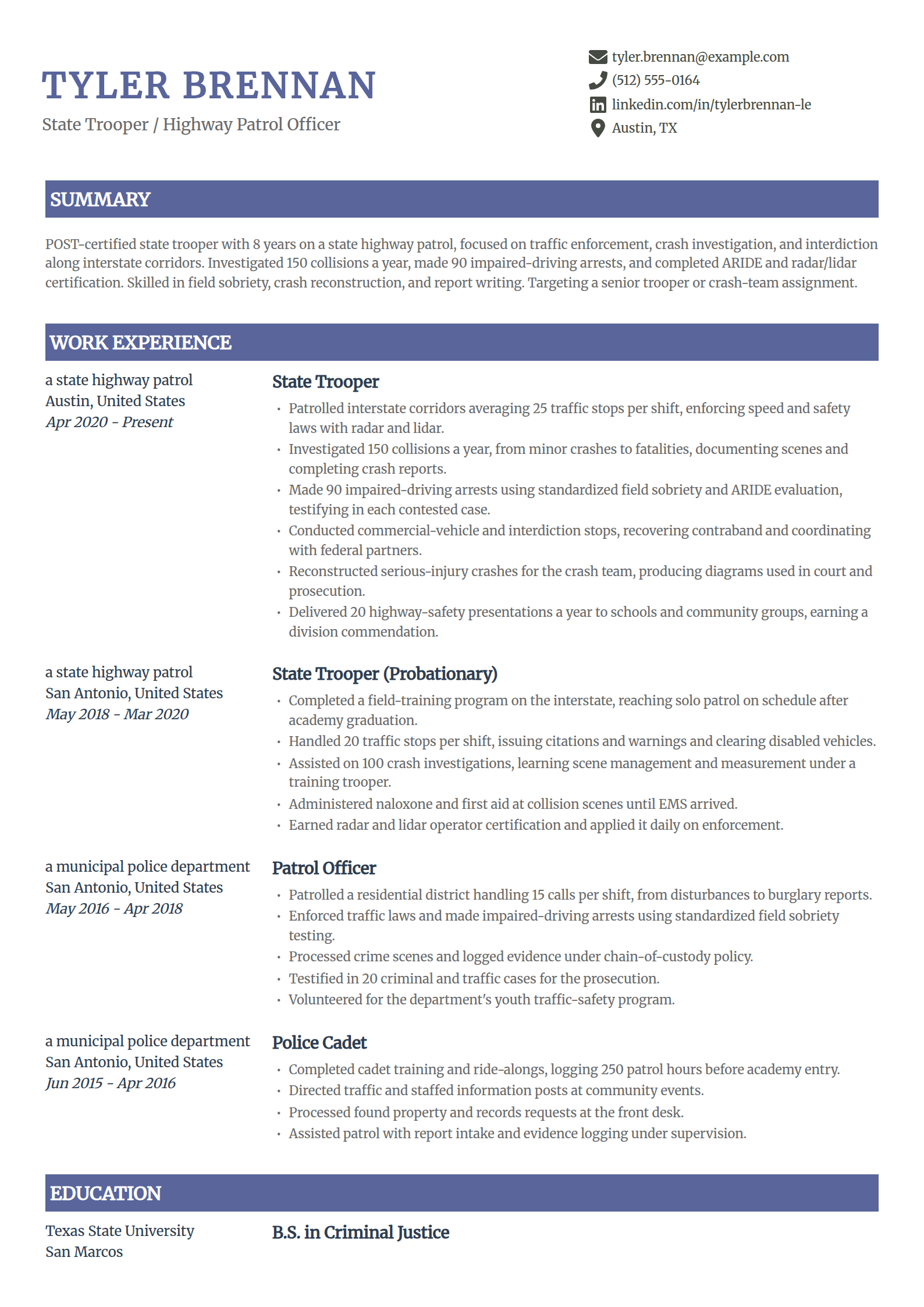 State trooper resume example in the Catalyst template
