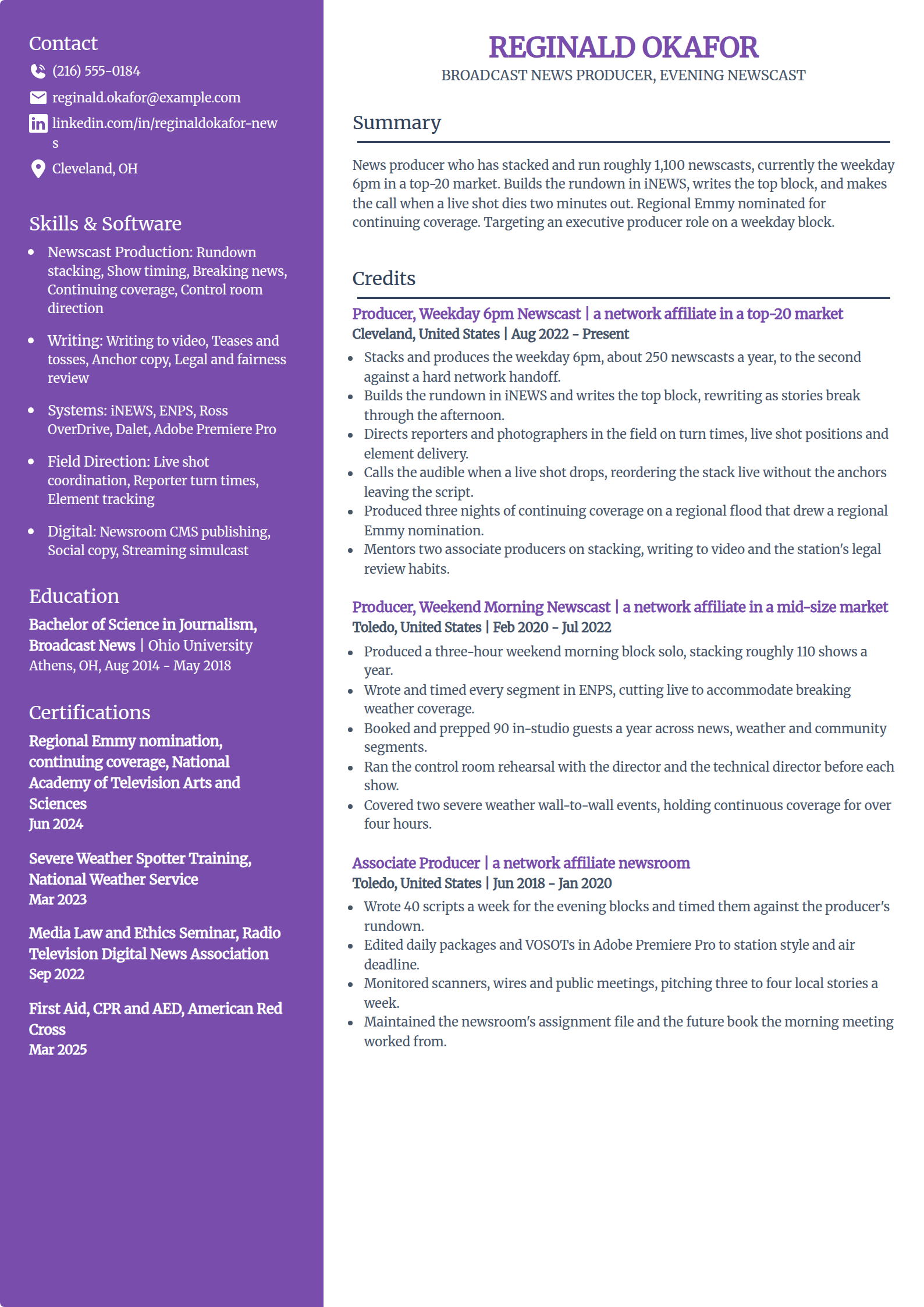 Broadcast news producer resume example in the Pioneer template