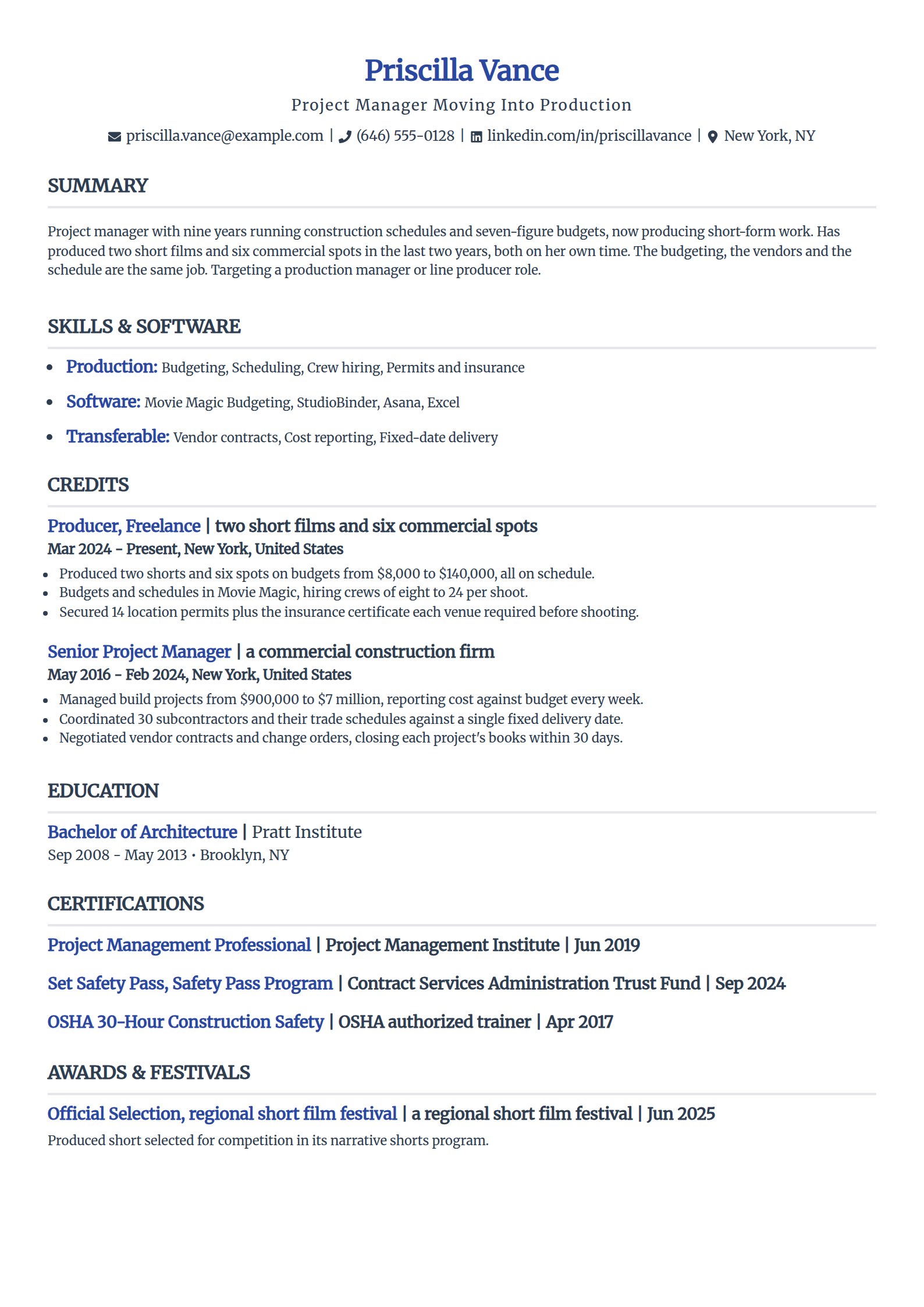Career changer moving into producing resume example in the Simple template