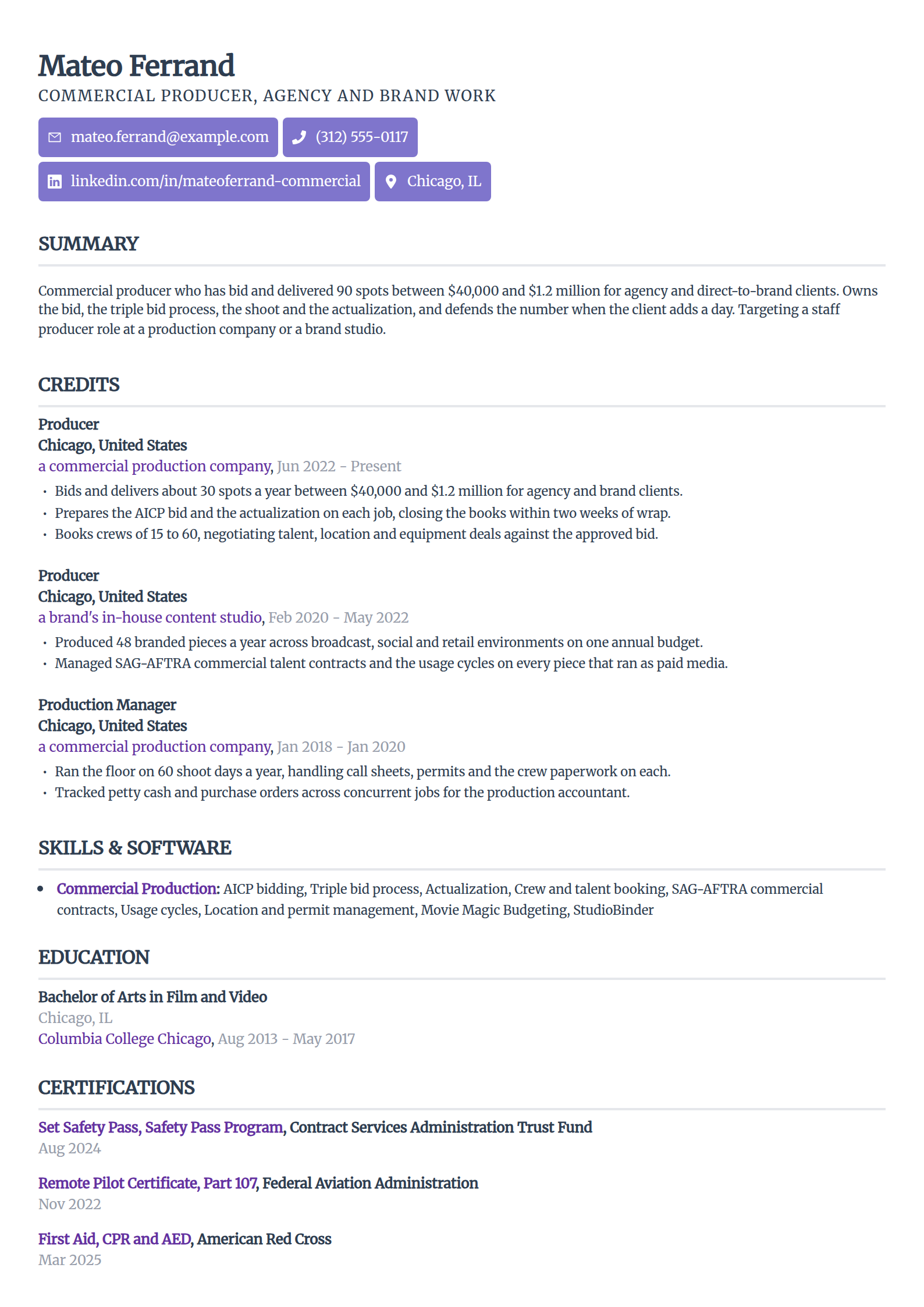Commercial and branded content producer resume example in the Sleek Framework template
