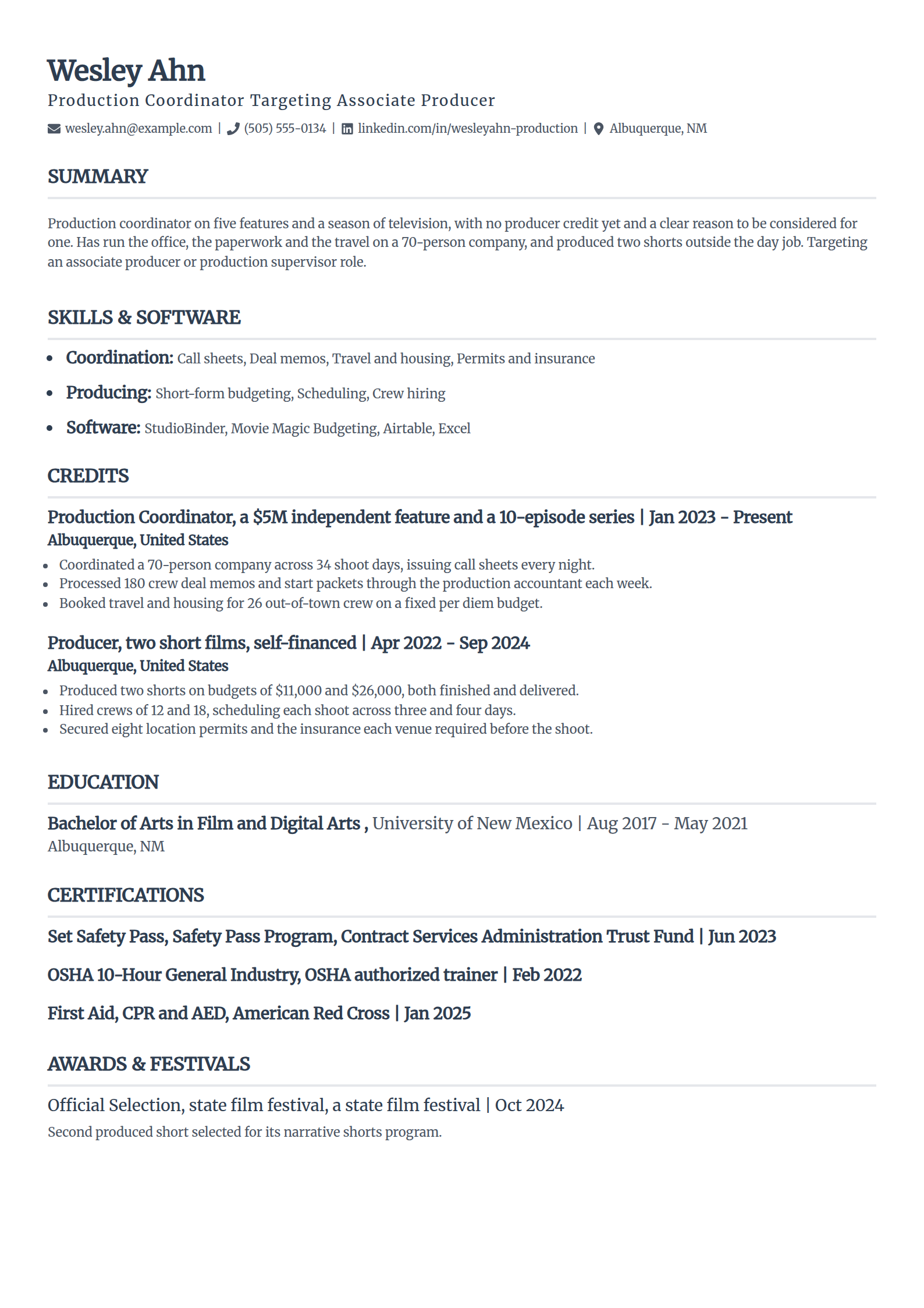 Production coordinator moving up to producer resume example in the Classic template