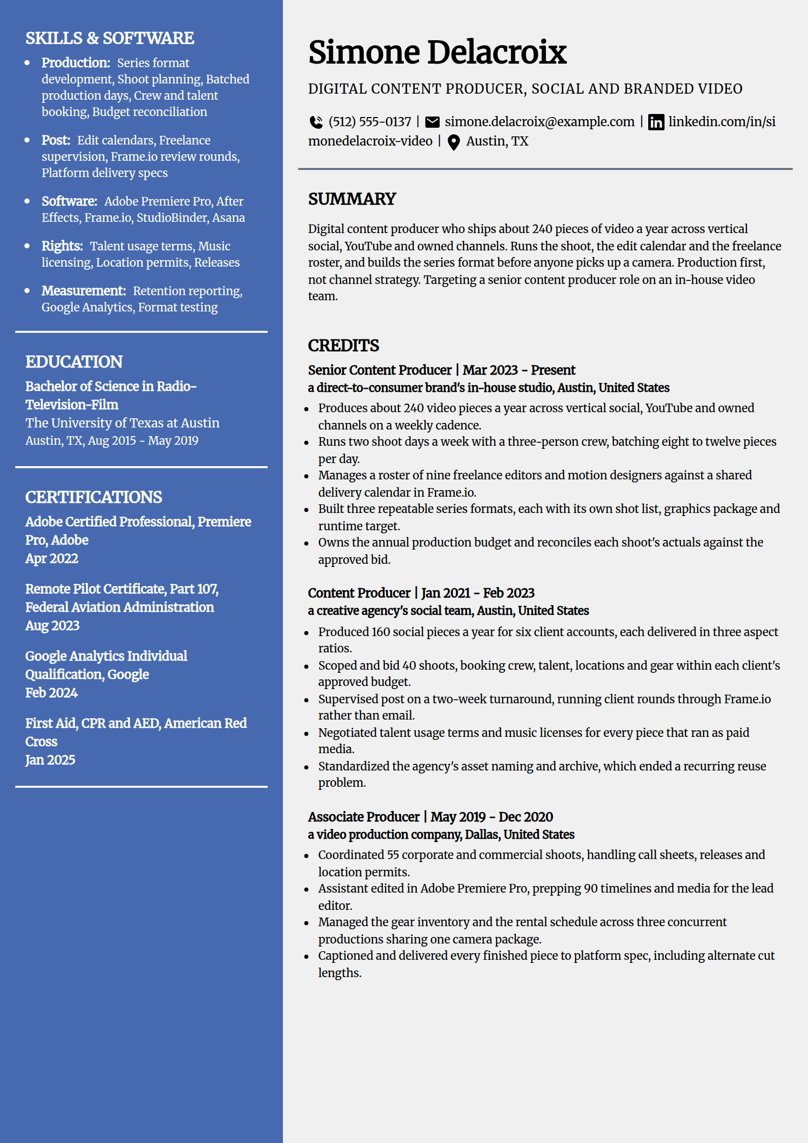 Digital content producer resume example in the Innovative template